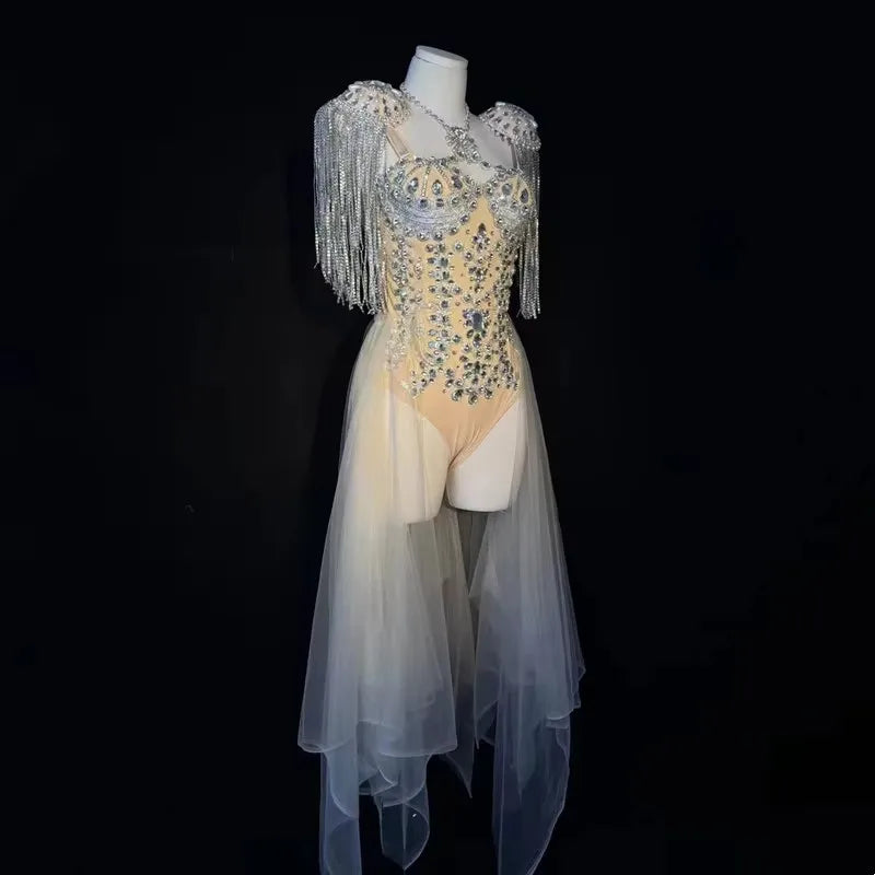 Women's Rhinestone Tassel Dance Bodysuit | Stage Performance Costume