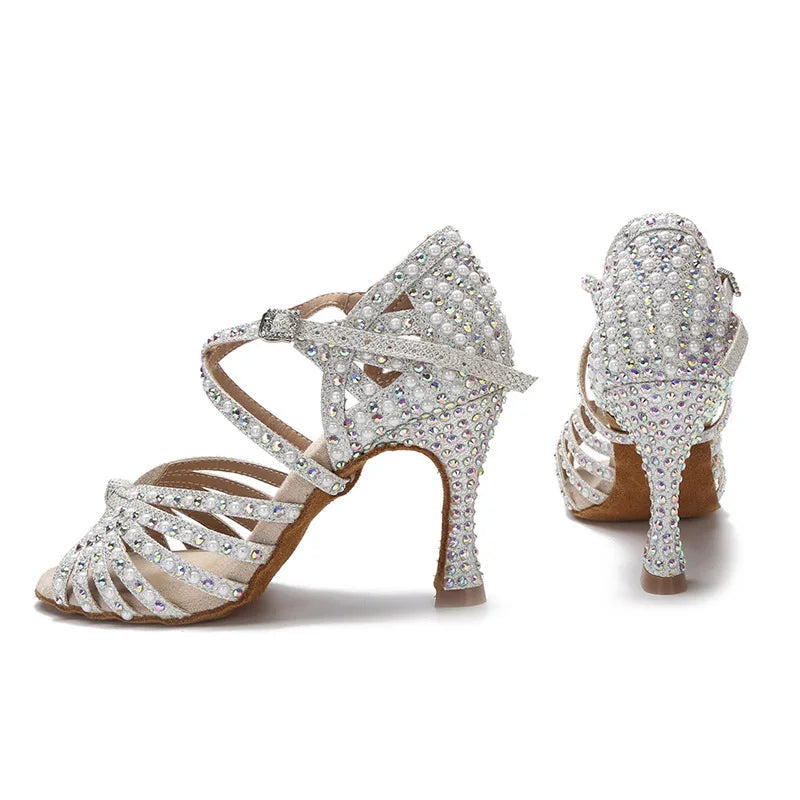Sparkly AB Rhinestone Latin Dance Shoes Soft Bottom Ballroom Competition Heels