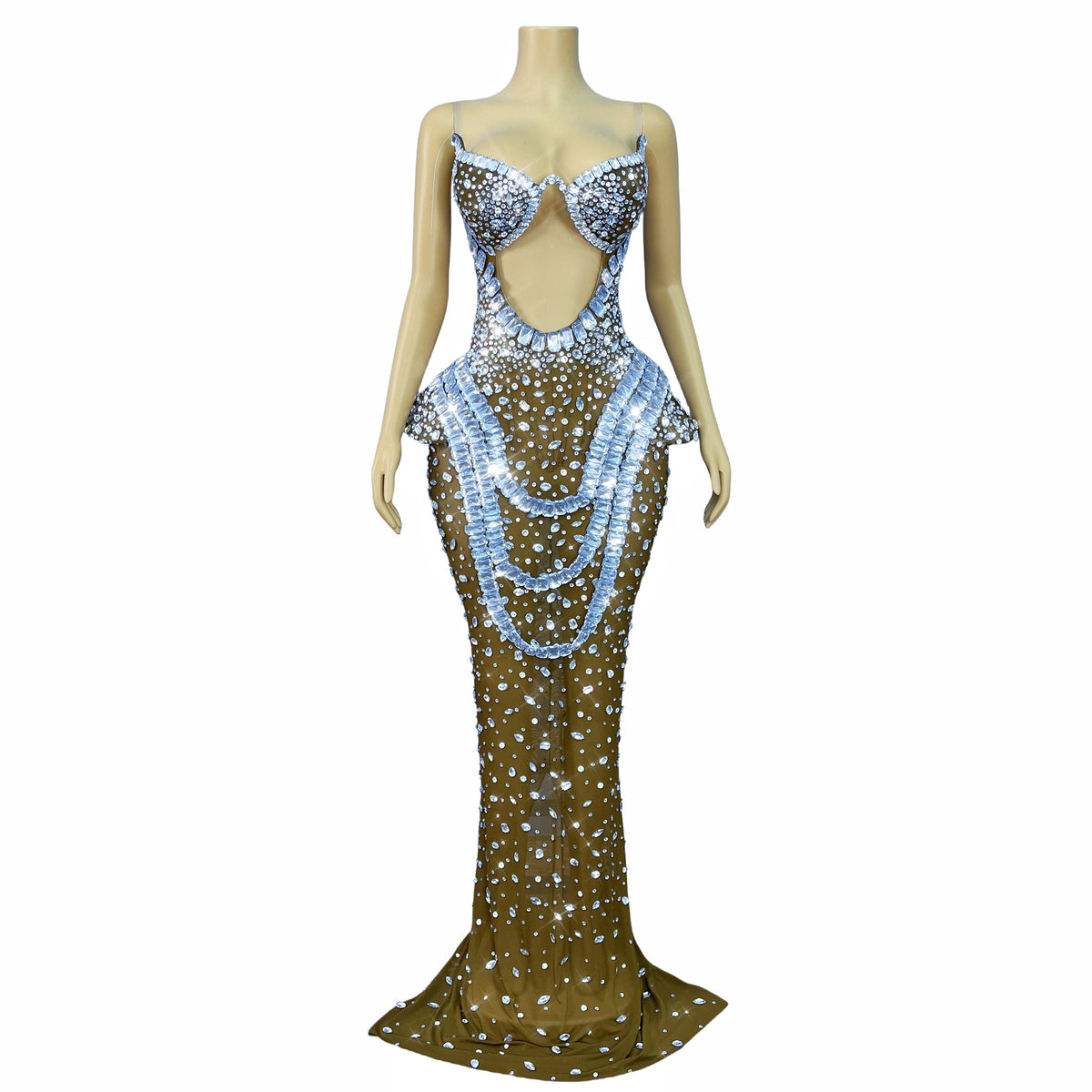 Vintage-Inspired Heavy Rhinestone Mesh Evening Prom Dress