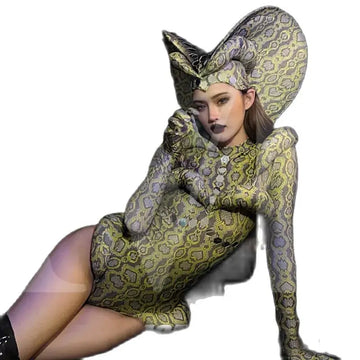 Cobra Serpent Rhinestone Bodysuit & Sculpted Cobra Hood Headdress Stage Costume Set