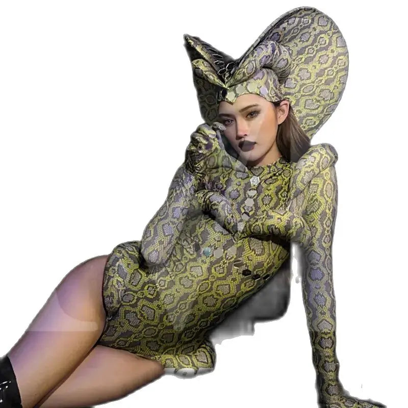 Cobra Serpent Rhinestone Bodysuit & Sculpted Cobra Hood Headdress Stage Costume Set