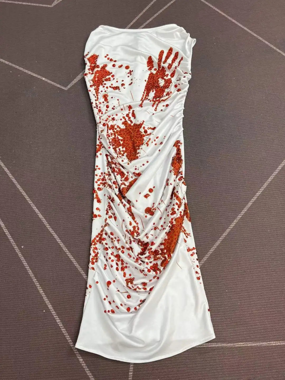 Women's Horror Bloodstain Rhinestone Dress | Sparkly Pleated Halloween Costume for Party & Stage