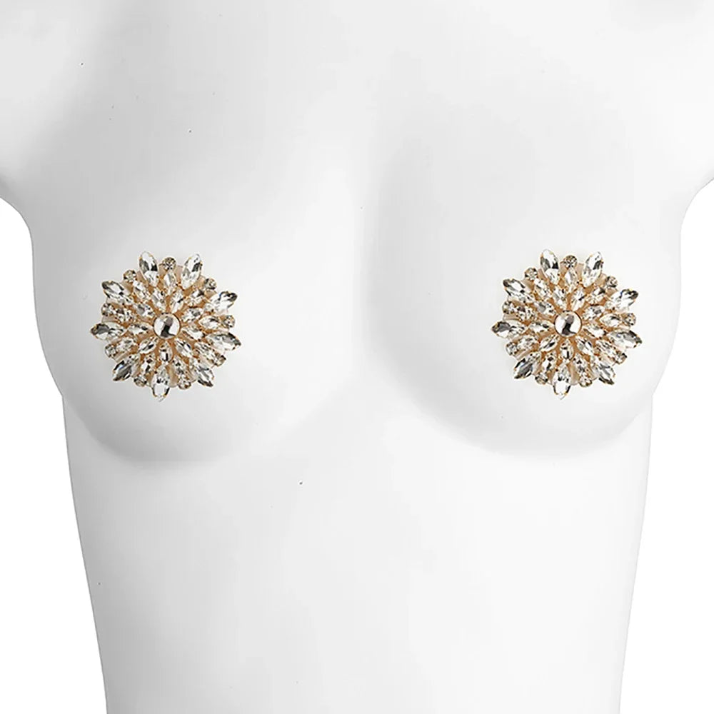 Sparkly Rhinestone Flower Burst Reusable Nipple Pasties Self-Adhesive Covers