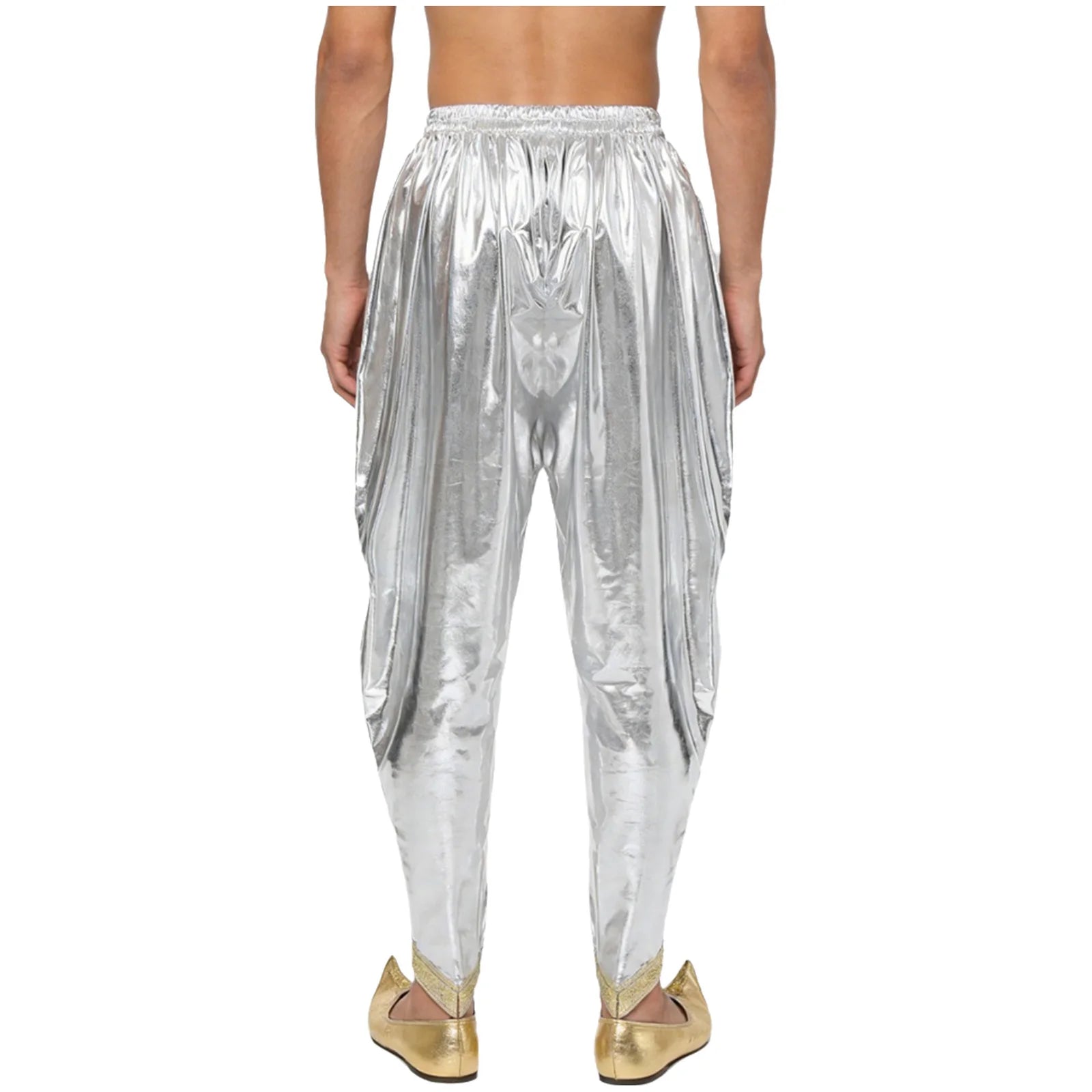Men's Metallic Shiny Harem Dhoti Pants Gold Brocade Trim Prince Cosplay Costume