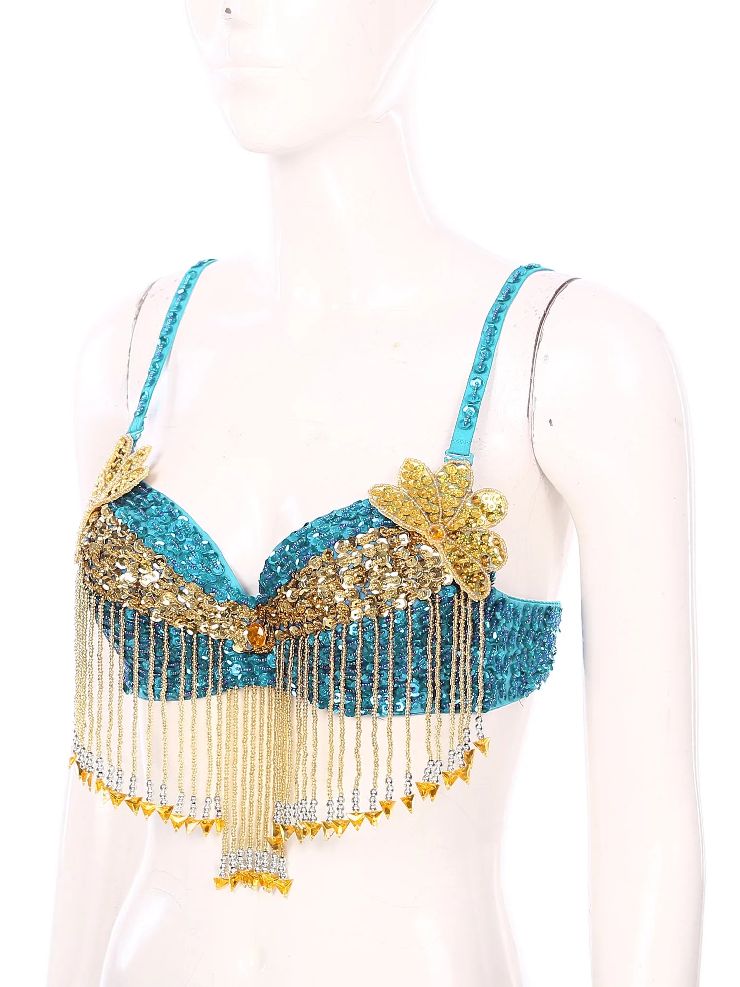 Sparkly Floral Beaded Sequin Belly Dance Bra & Tassel Performance Top
