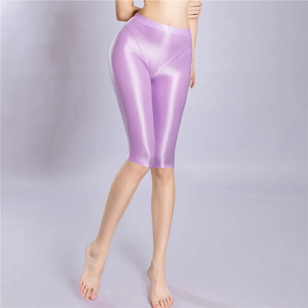 Women Shaping Short Stain Smooth Oil Glossy Shiny Elastic Shorts Sheer See Through Casual Plus Size Tight Yoga Short Maid Pant