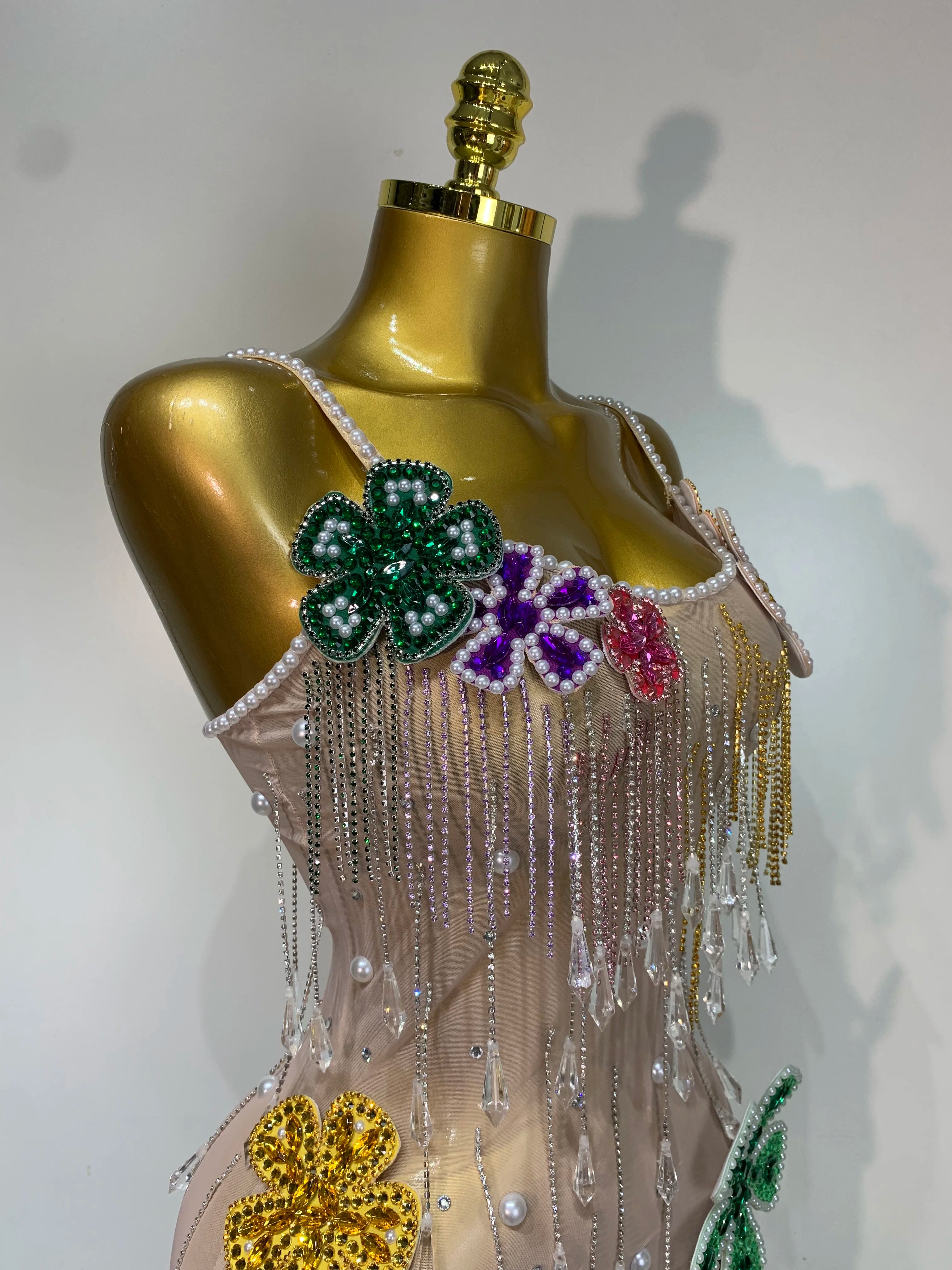 Colorful Rhinestone Pearl Sheer Dress & Two-Piece Mini Skirt Set Celebration Outfit
