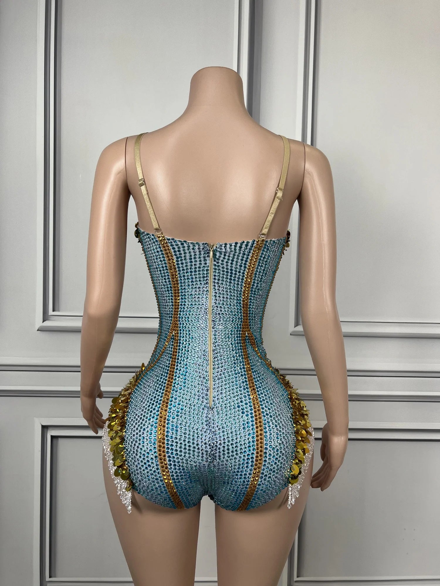 Sparkly Crystal Sequins Sleeveless Bodysuit Nightclub Event Singer Stage Leotard
