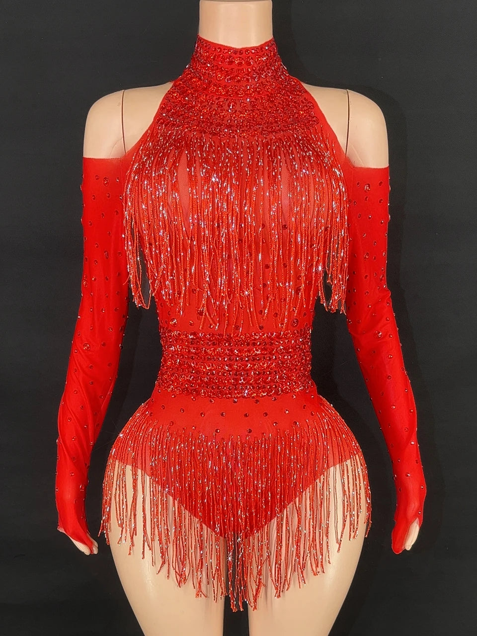 Sparkly Red Rhinestone & Fringe Long-Sleeve Mesh Bodysuit Dance Stage Costume