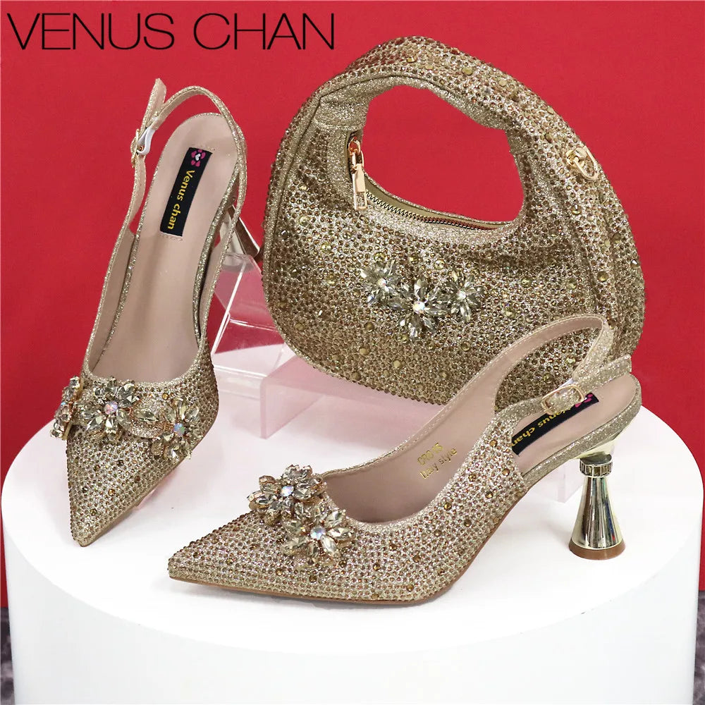Pointed Toe Rhinestone High Heels Shoes and Bags Set