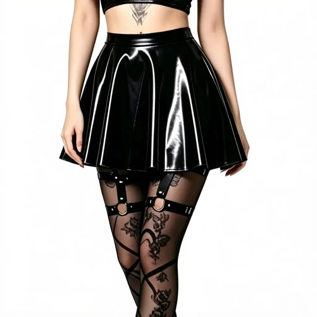 Fashion Women Gothic Style PU Skirt One Pieces Skirts PVC Shiny Flared Pleated  Mini A Line Skirts Street Maid Ruffled Skirt