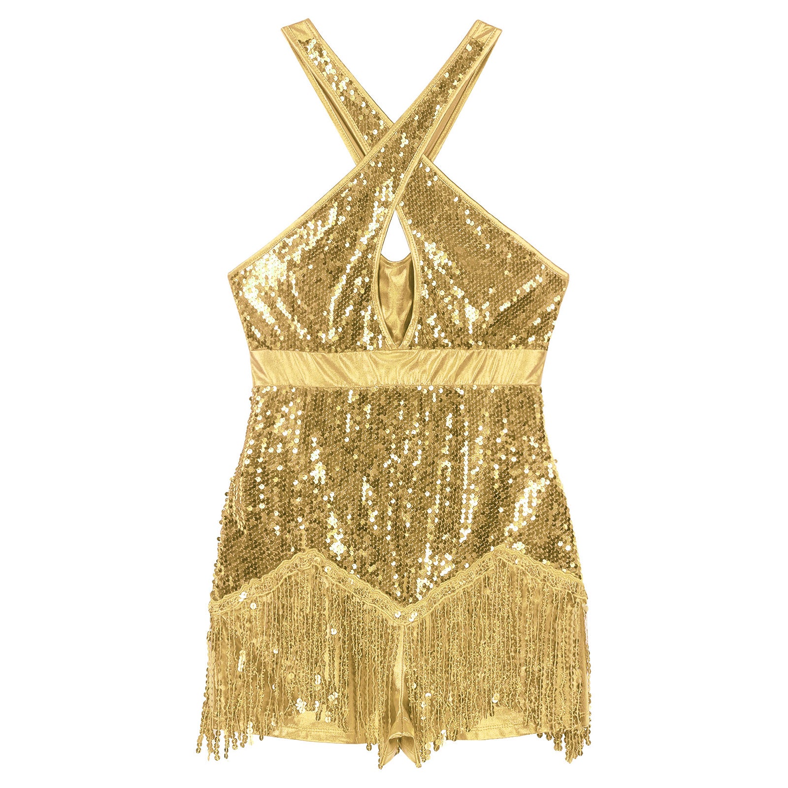 Sequined Fringe Cross-Front Latin Dance Leotard Costume Dress