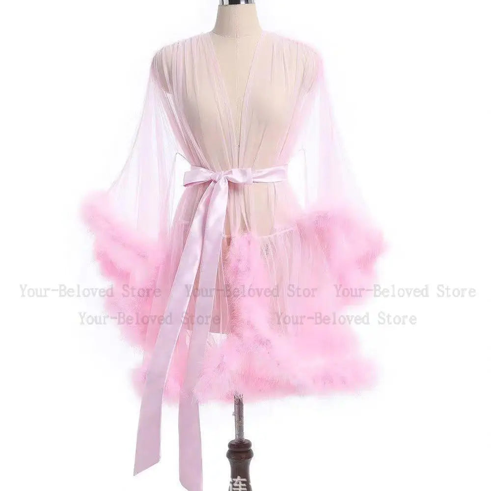 Sheer Mesh & Plush Feather Trim Long Sleeve Robe Lingerie Stage Costume