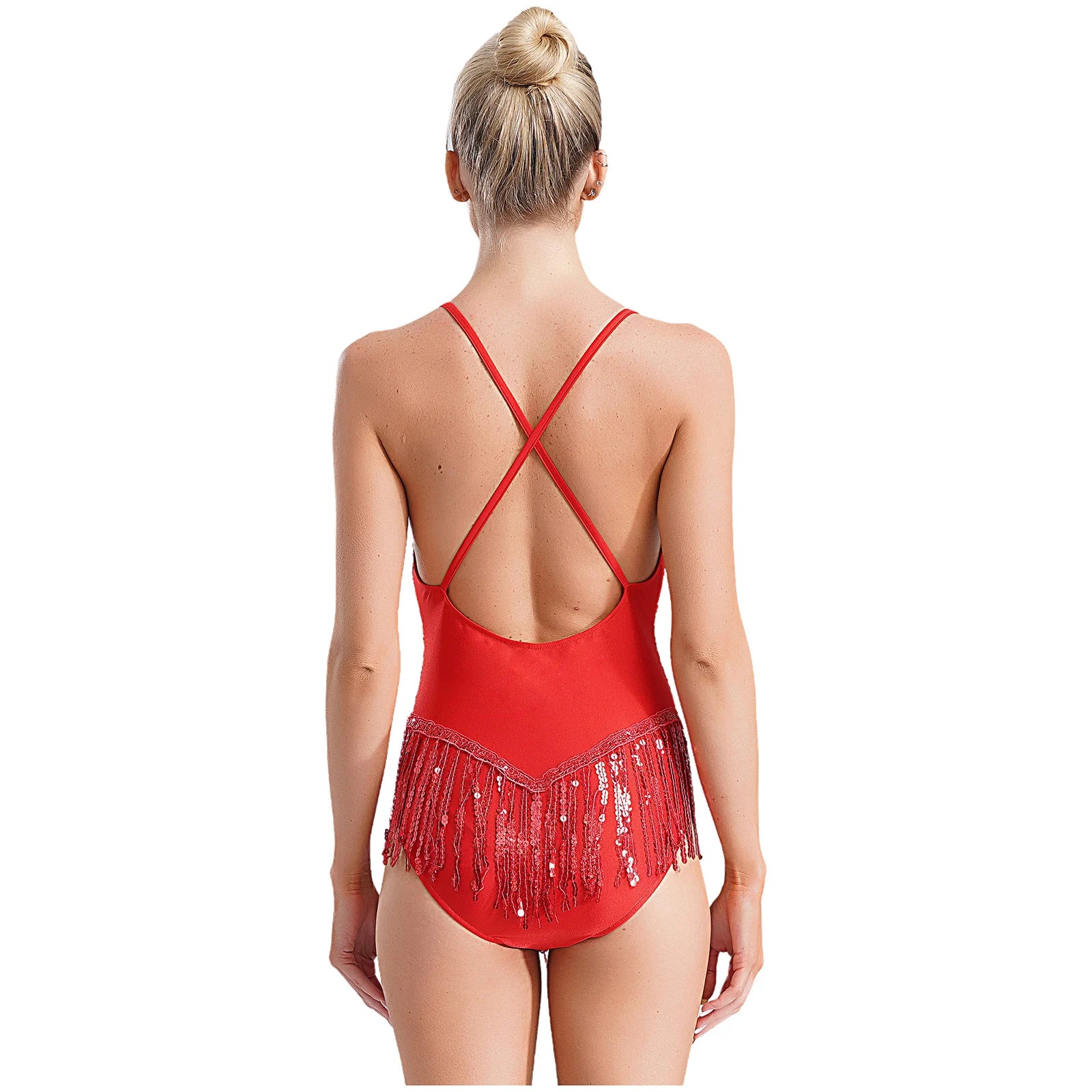 Sequins Fringed Cross Back Latin Dance Leotard Sleeveless V-Neck Bodysuit