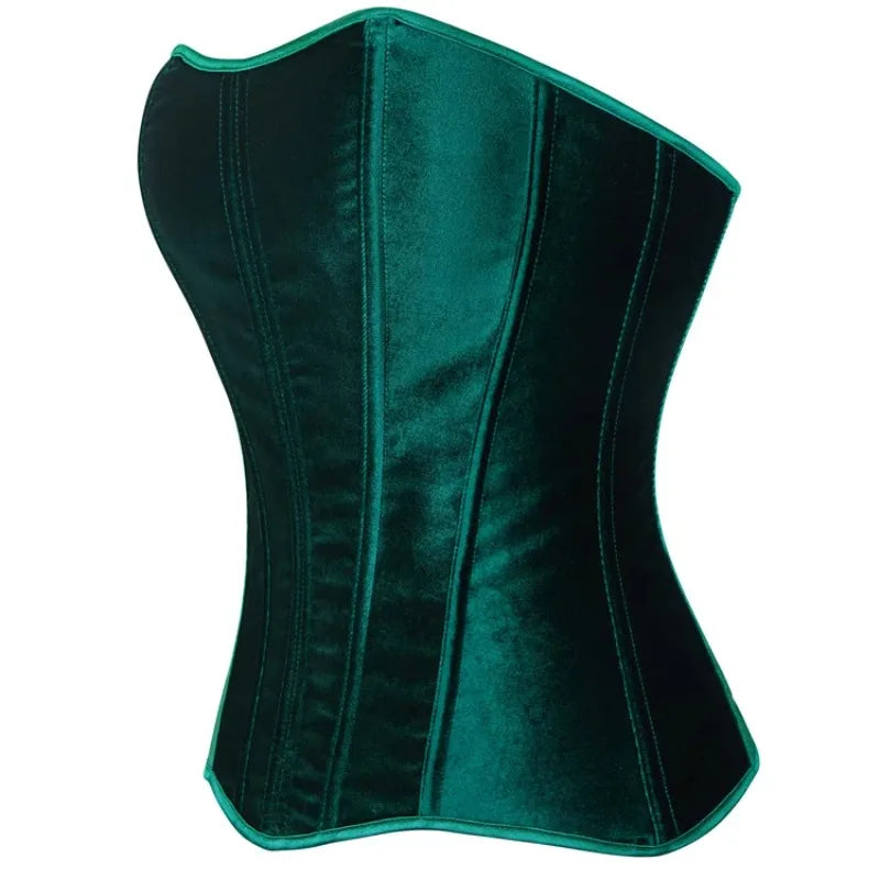 Green Velvet Overbust Corset Top Side Zipper Lace-Up Boned Bustier Top