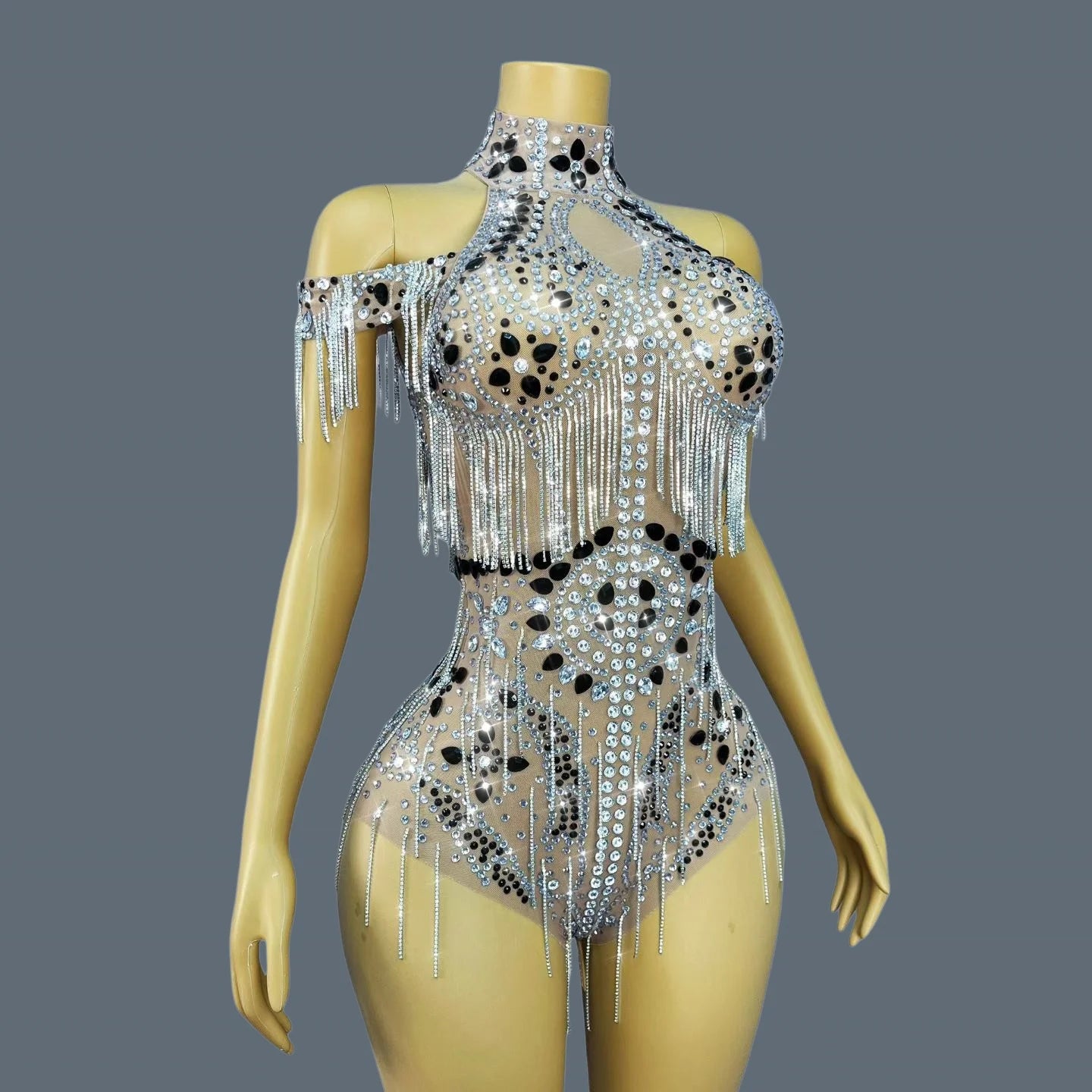 Luxury Rhinestone Sheer Mesh Bodysuit Drag Queen Stage Costume Leotard