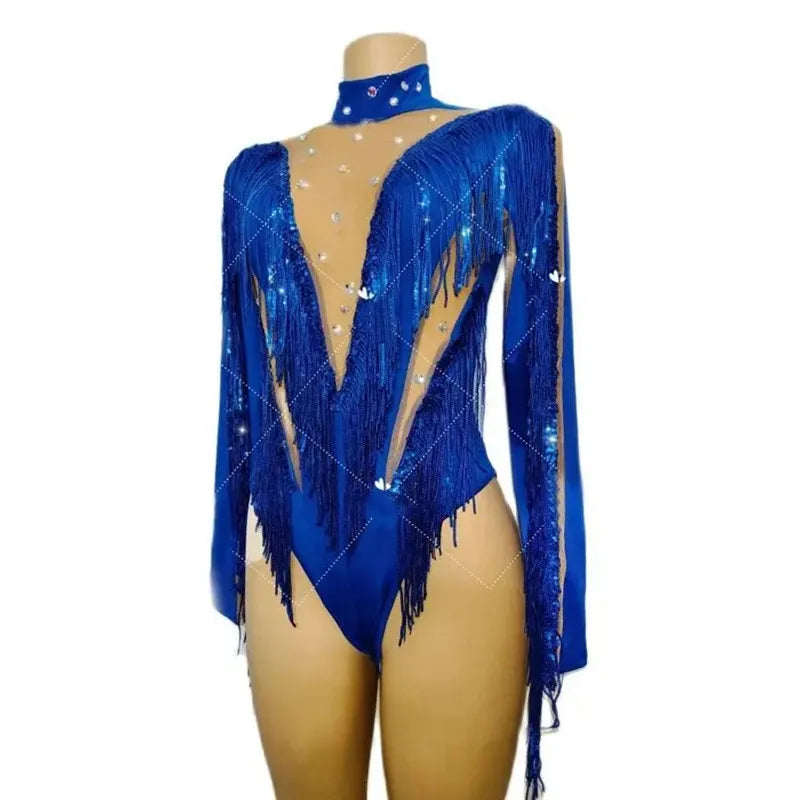 Blue Crystal Sequins Tassel Bodysuit Stage Performance Costume