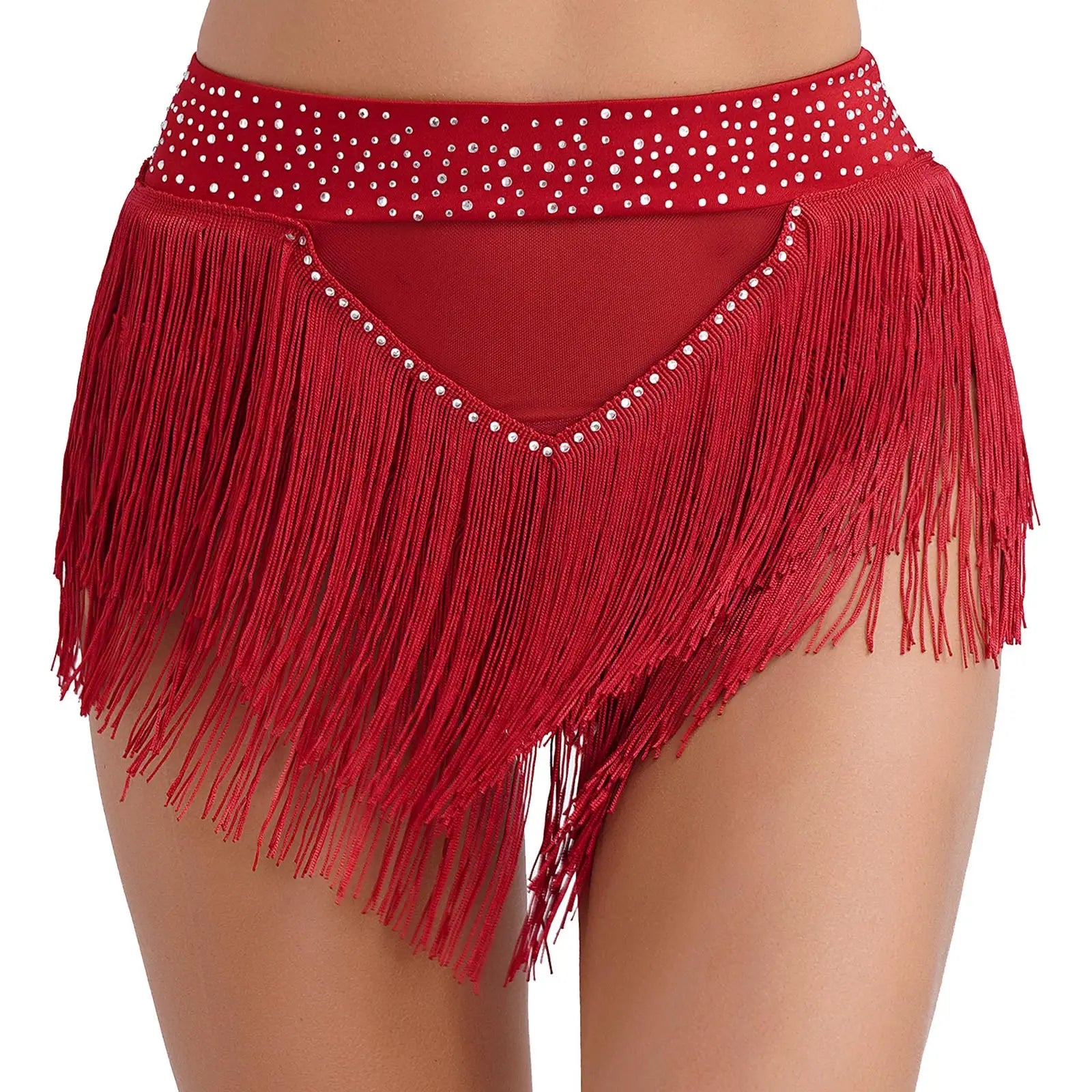 Rhinestone Tassel High-Waist Dance Shorts & Sheer Mesh Fringe Skirt