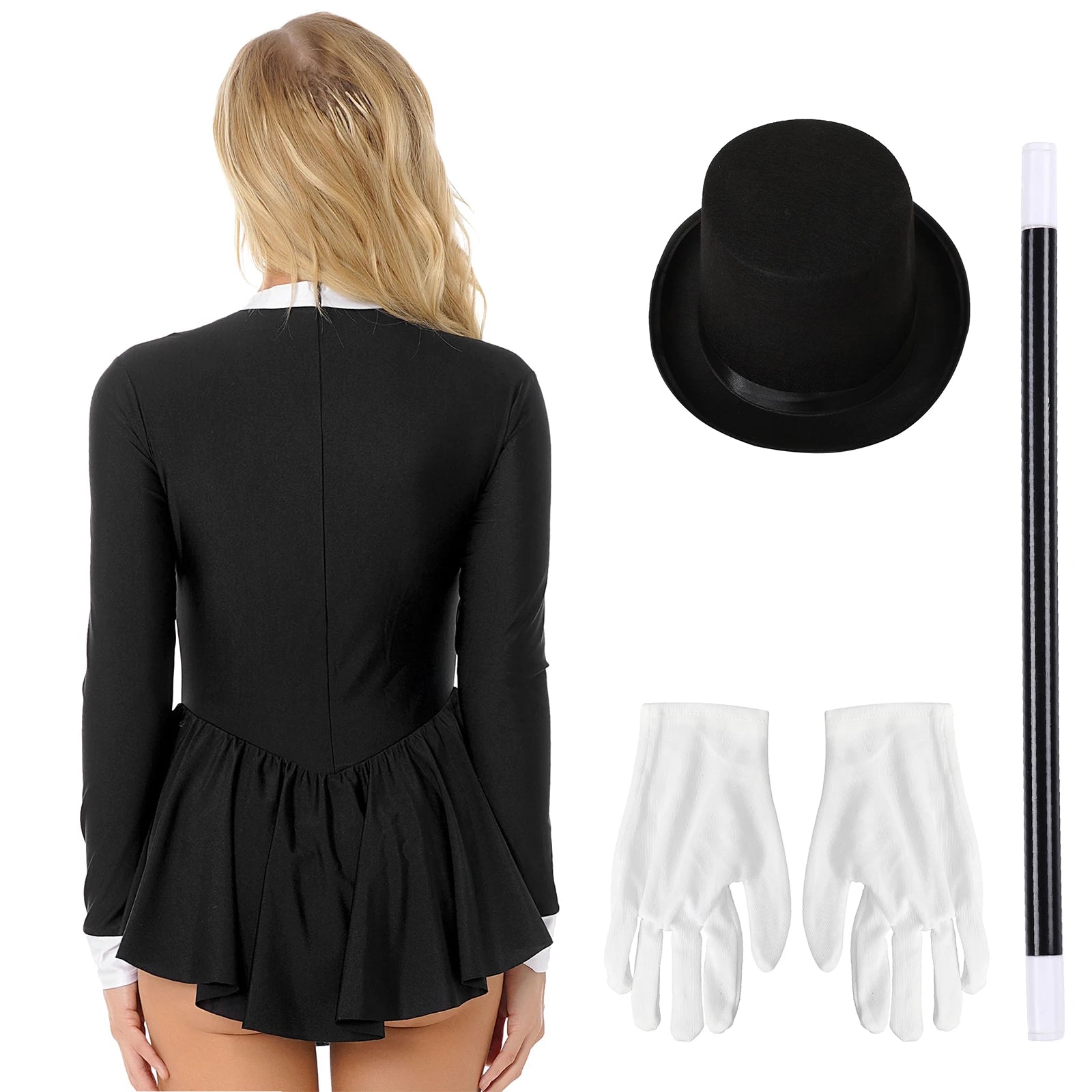 Tuxedo Bowknot Long Sleeve Ruffle Leotard Dress Magician Costume