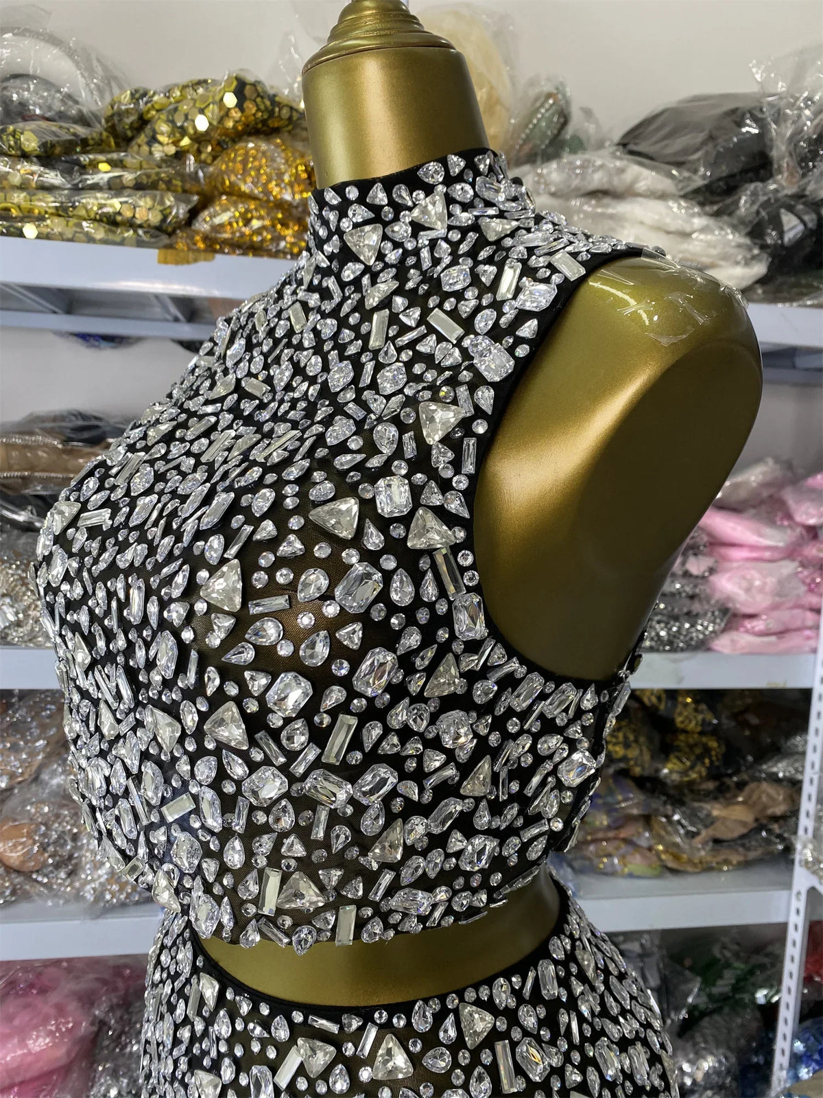 Vintage-Inspired Sparkly Rhinestones Two-Piece Backless Top And Mini Skirt Set