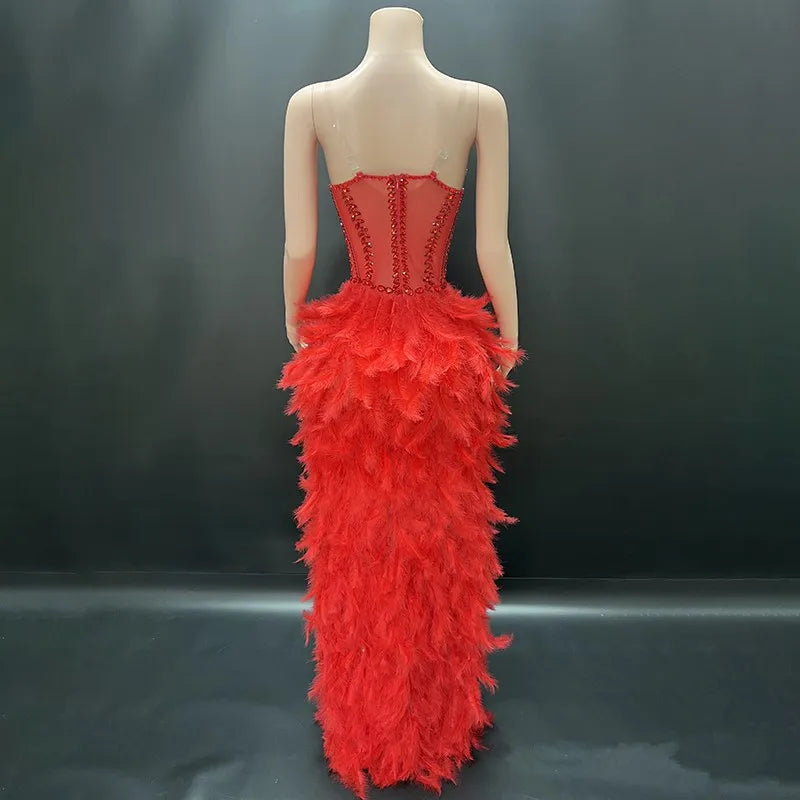 V-Neck Crystal Corset High-Low Feather Gown & Special Occasion Birthday Dress