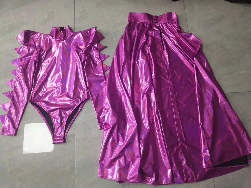 Metallic Armor Bodysuit & Trailing Bustle Skirt 2-Piece Stage Performance Costume Set