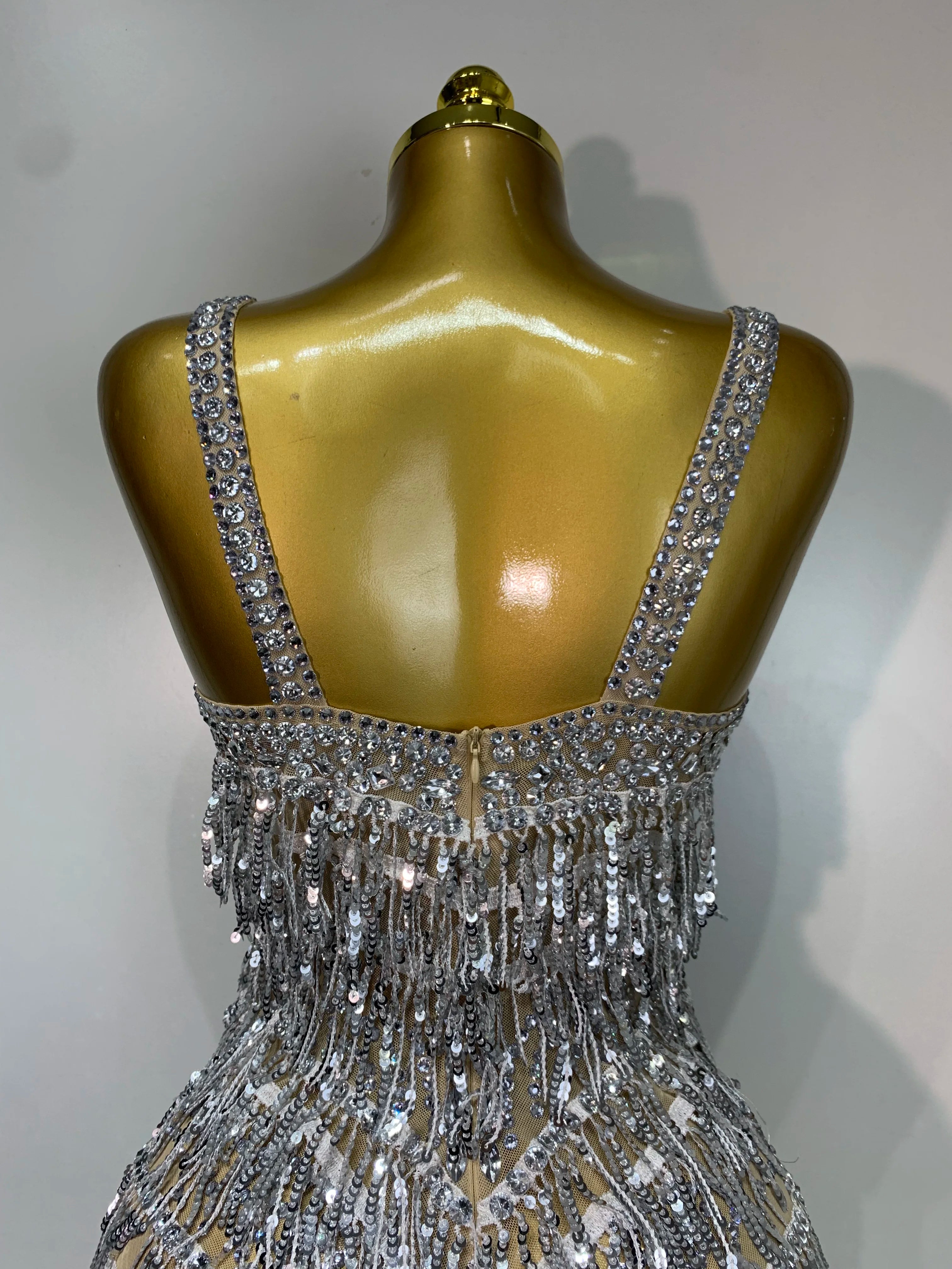 Sparkly Rhinestone Tassel Backless Mesh Bodysuit Luxury Stage Performance Costume