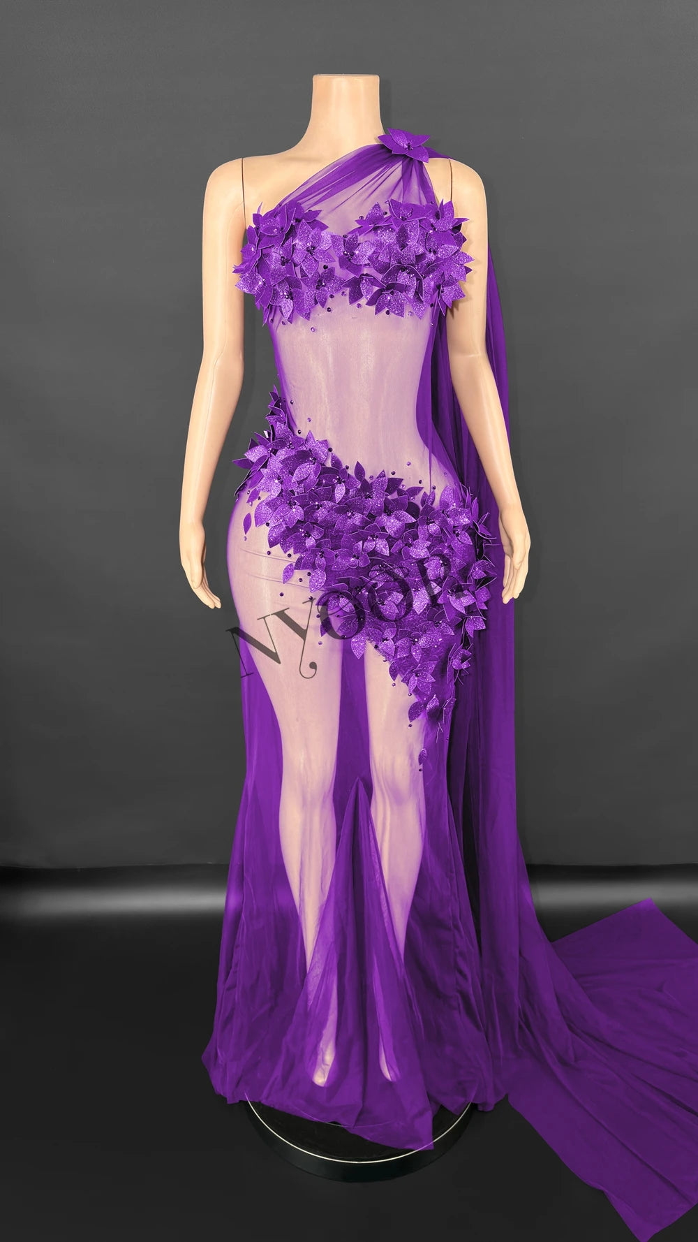 Sheer Rhinestone Applique Evening Gown Long Tail Showgirl Stage Performance Dress