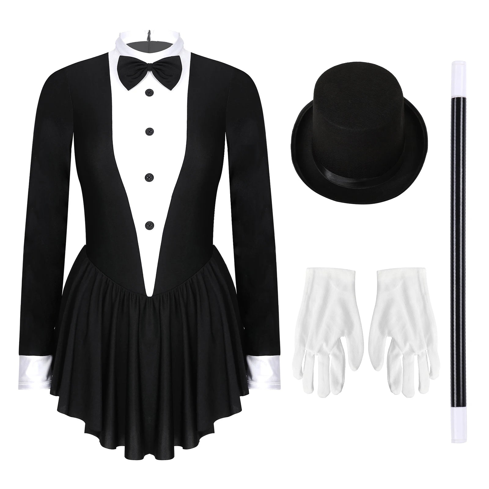 Tuxedo Bowknot Long Sleeve Ruffle Leotard Dress Magician Costume