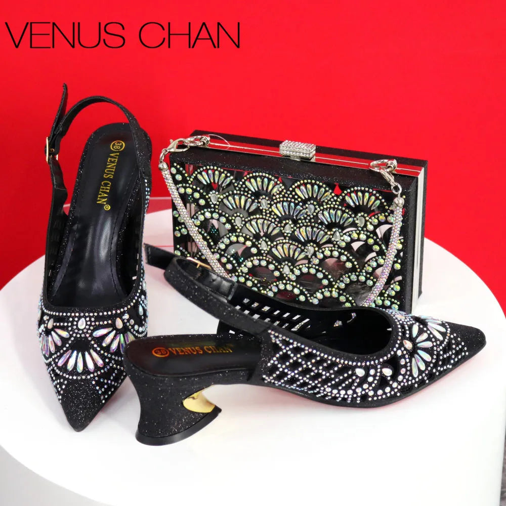 Italian Design Slope Heel Sequin Elegant Shoes and Bag Set