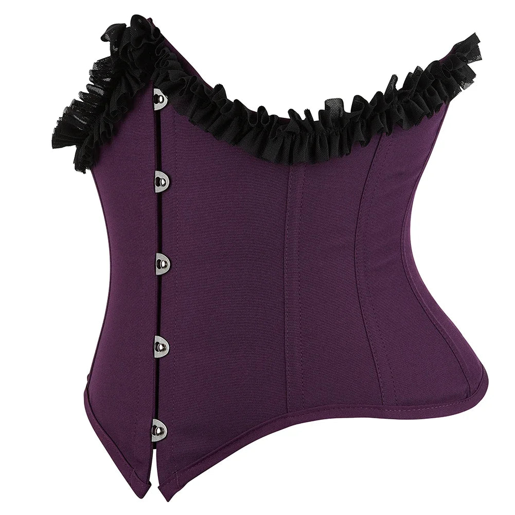 Gothic Underbust Corset Bustier Lace Ruffle Trim Front Busk Waist Cincher