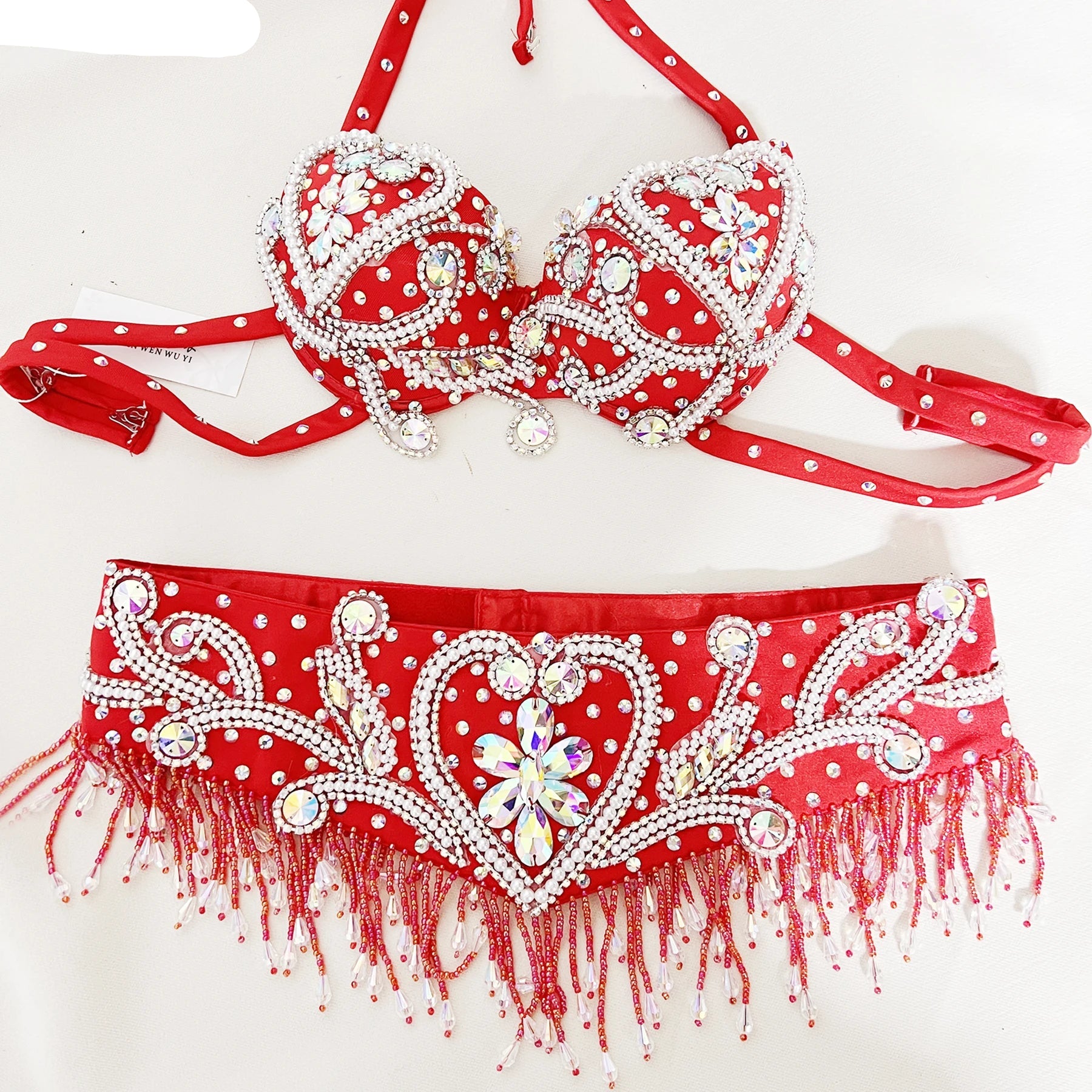 Sparkly Beaded Belly Dance Bra & Fringe Hip Belt Two-Piece Stage Costume Set