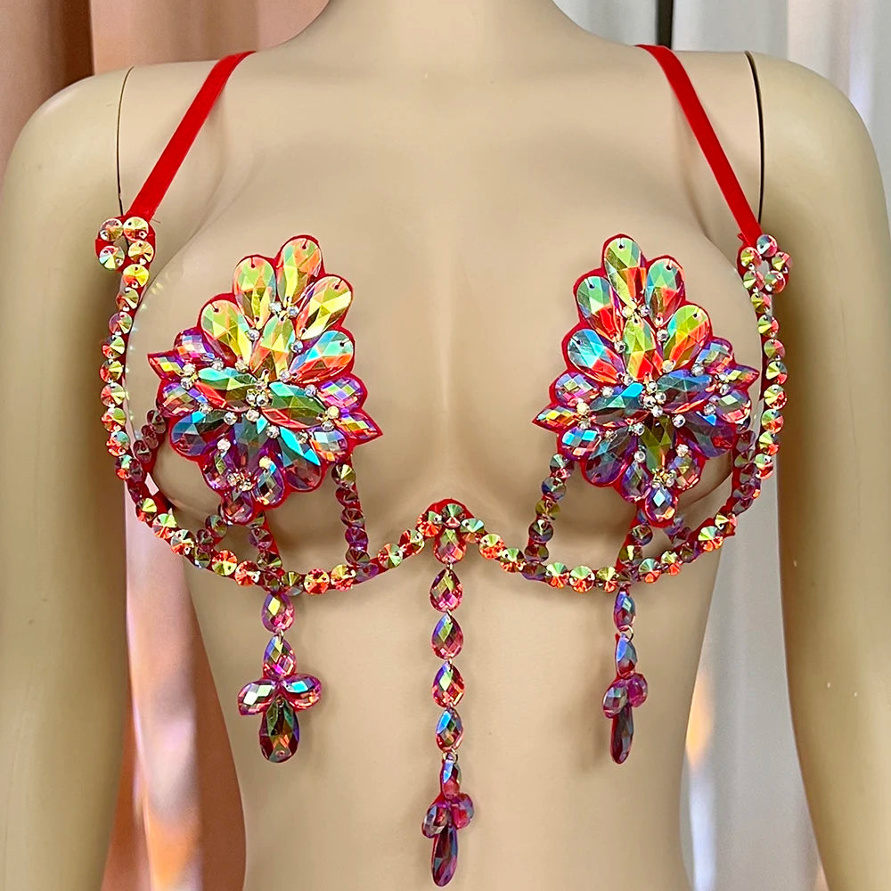 Sparkly Samba Carnival Stone Wire Bra Hand-Beaded Stage Costume Top