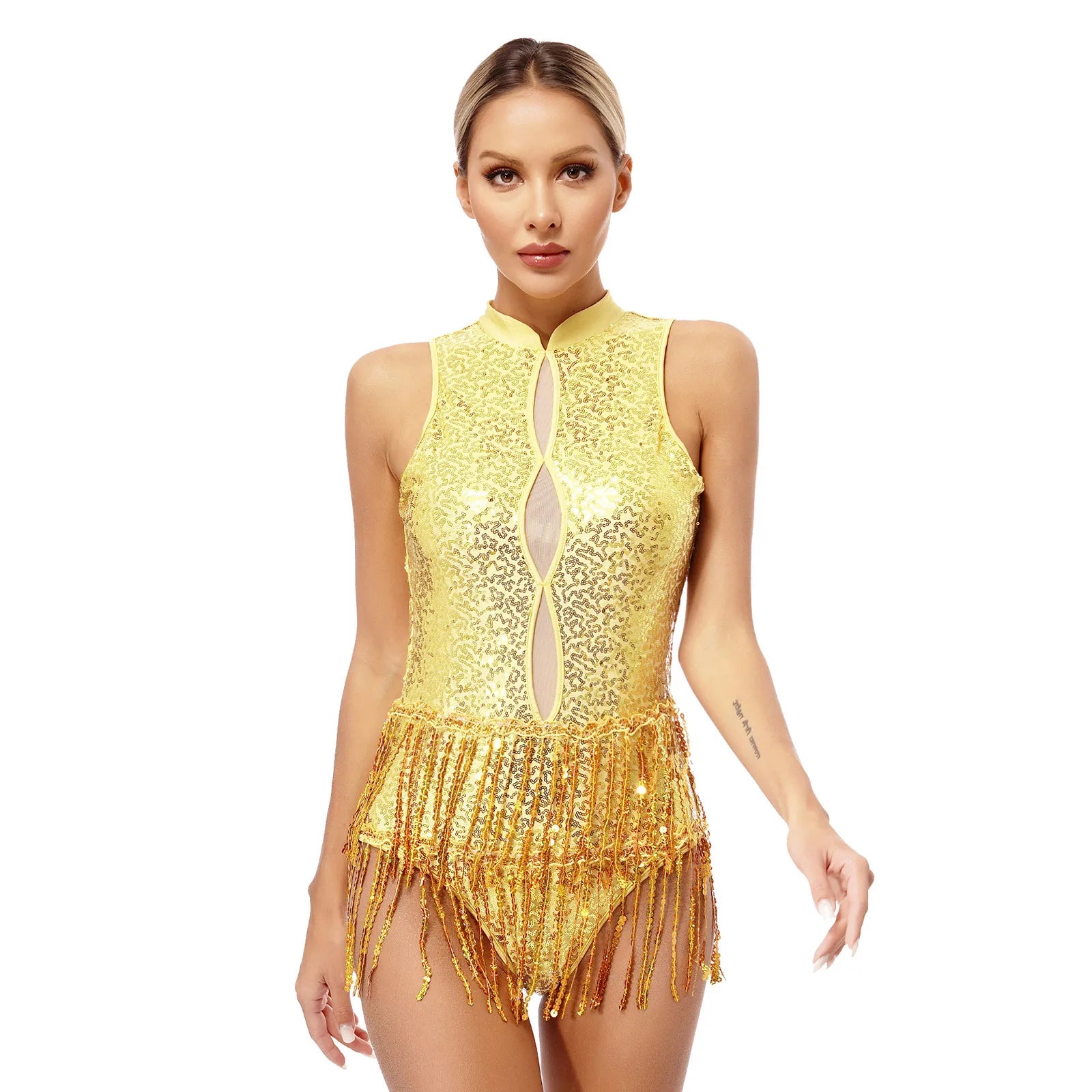 Glitter Sequin Fringe Latin Dance Leotard & Backless Performance Bodysuit