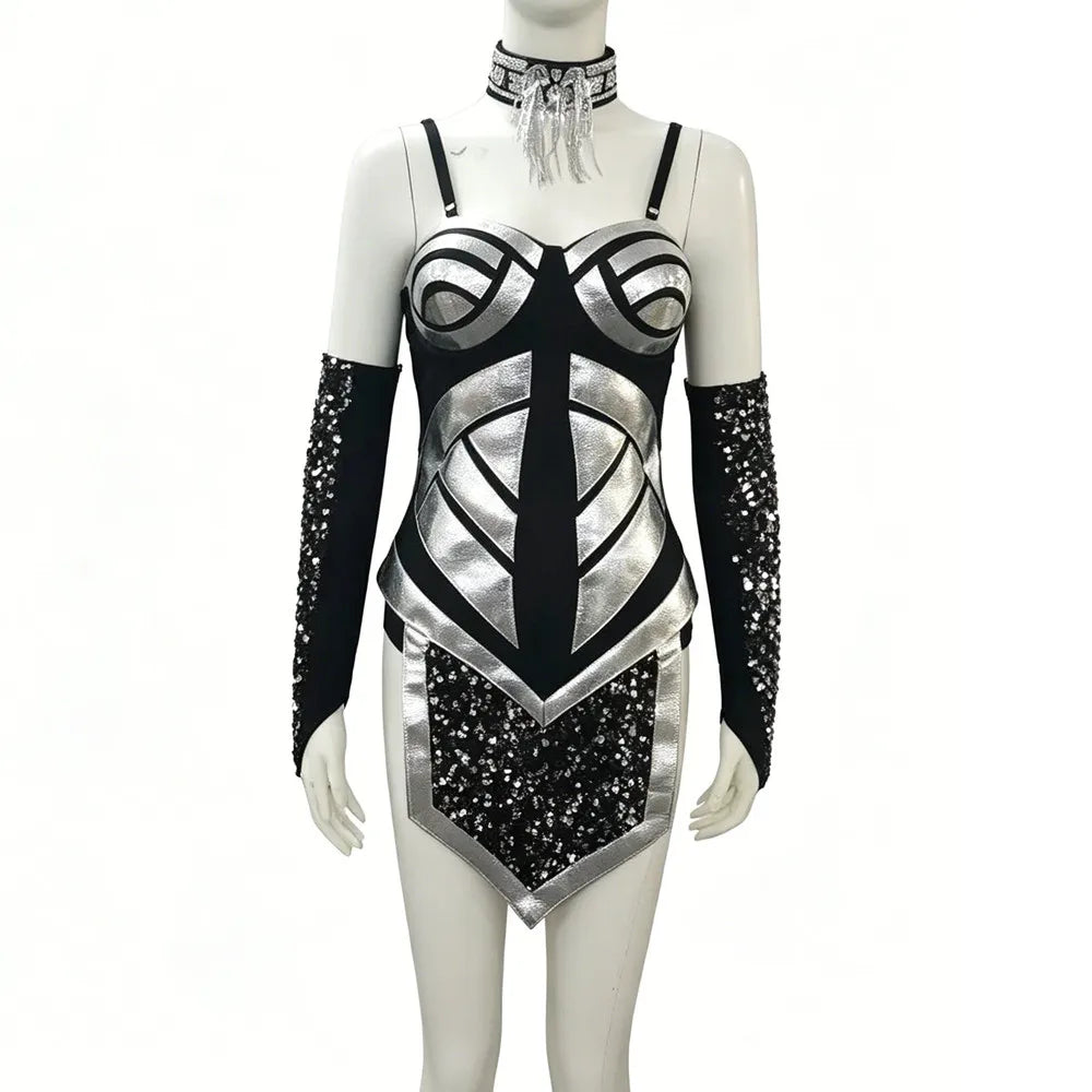 Silver Black Sequins Sling Bodysuit Long Gloves Performance Clothes Women Dance Team Singer Sexy Stage Wear Nightclub Costume