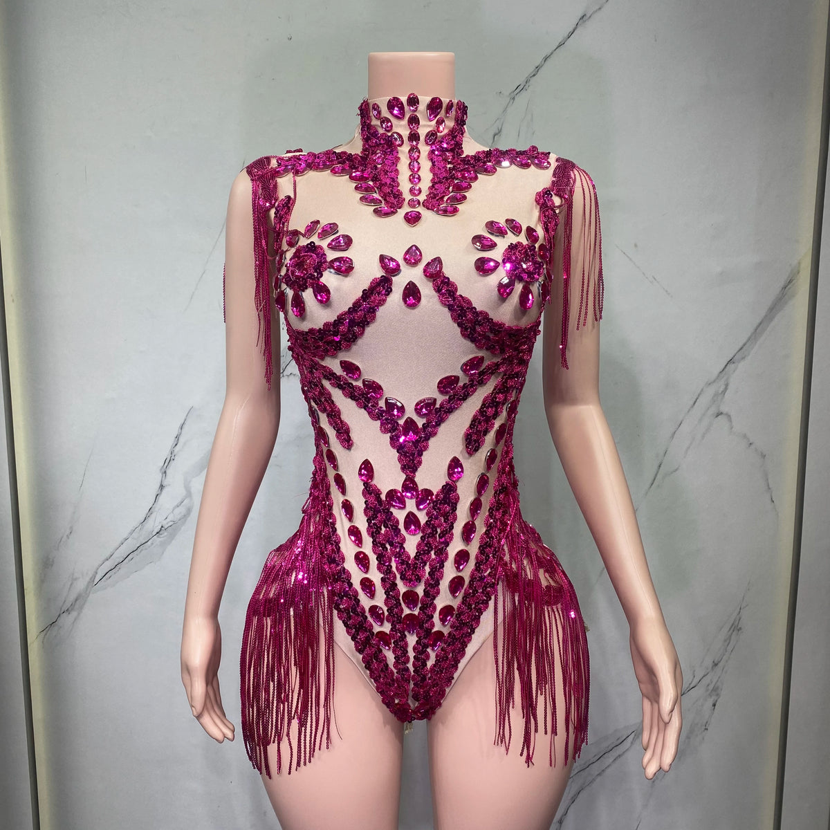 Sheer Mesh Rhinestone Performance Bodysuit for Women