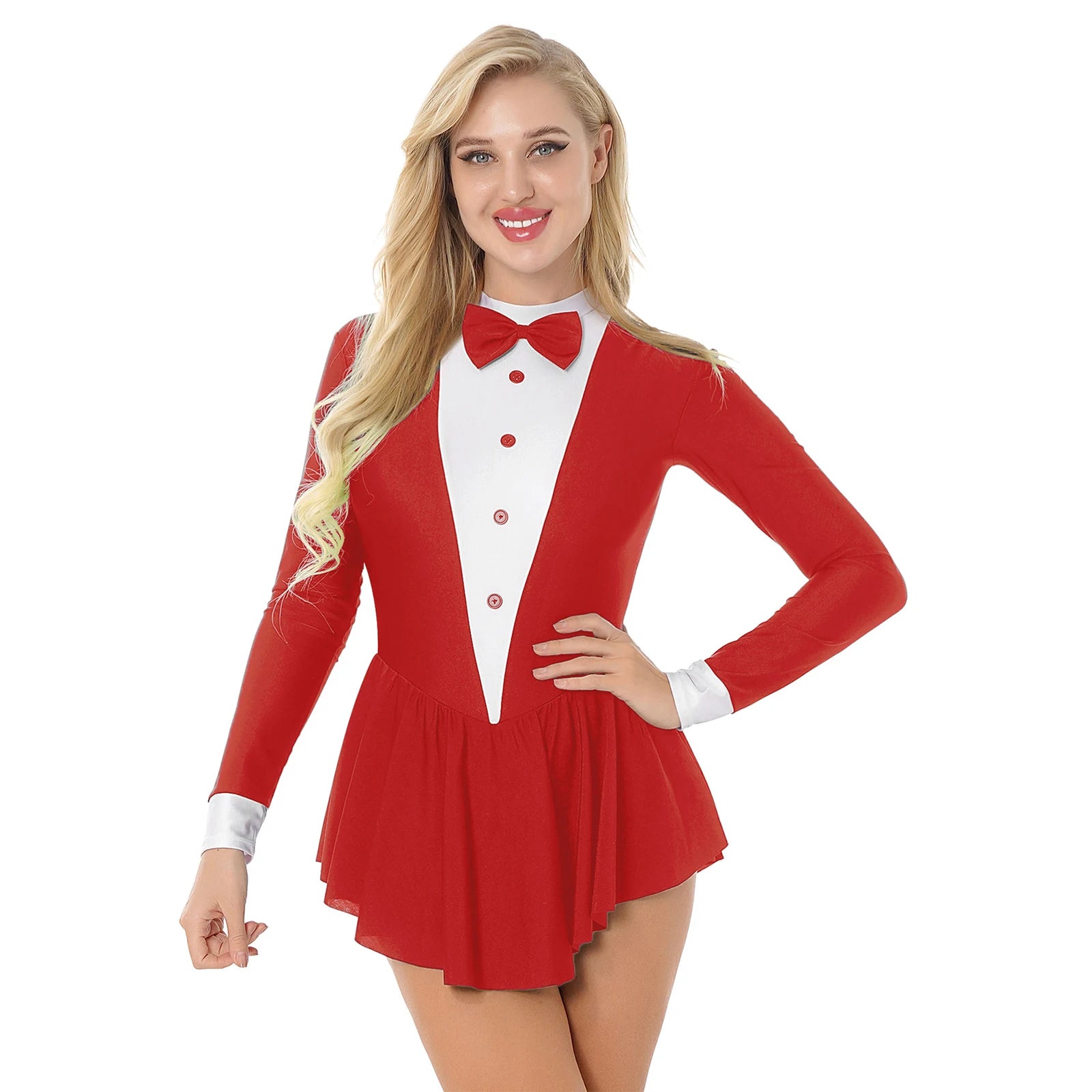 Tuxedo Bowknot Long Sleeve Ruffle Leotard Dress Magician Costume