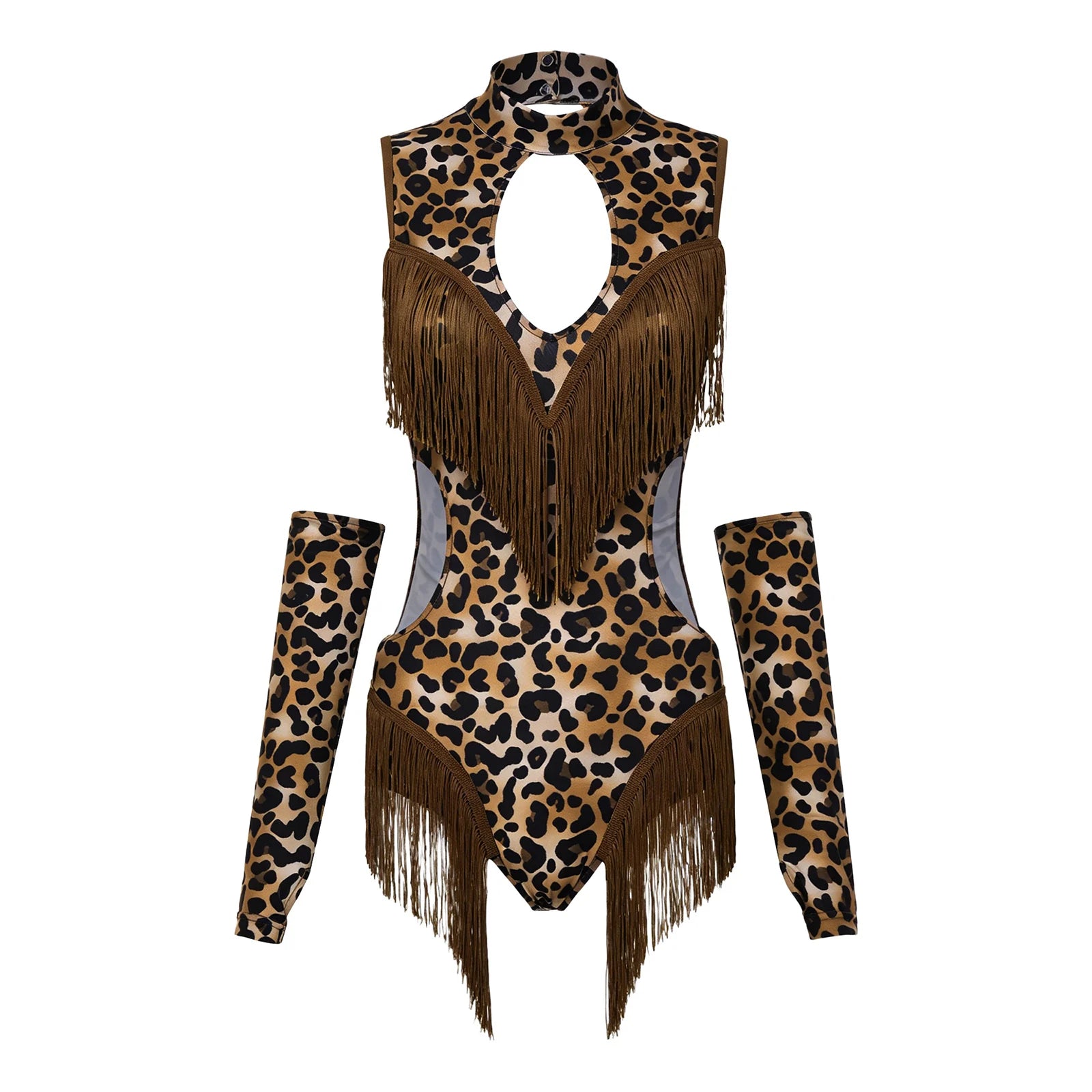 Leopard Cutout Bodysuit & Fringe Sleeves 2-Piece Latin Ballroom Stage Costume Set
