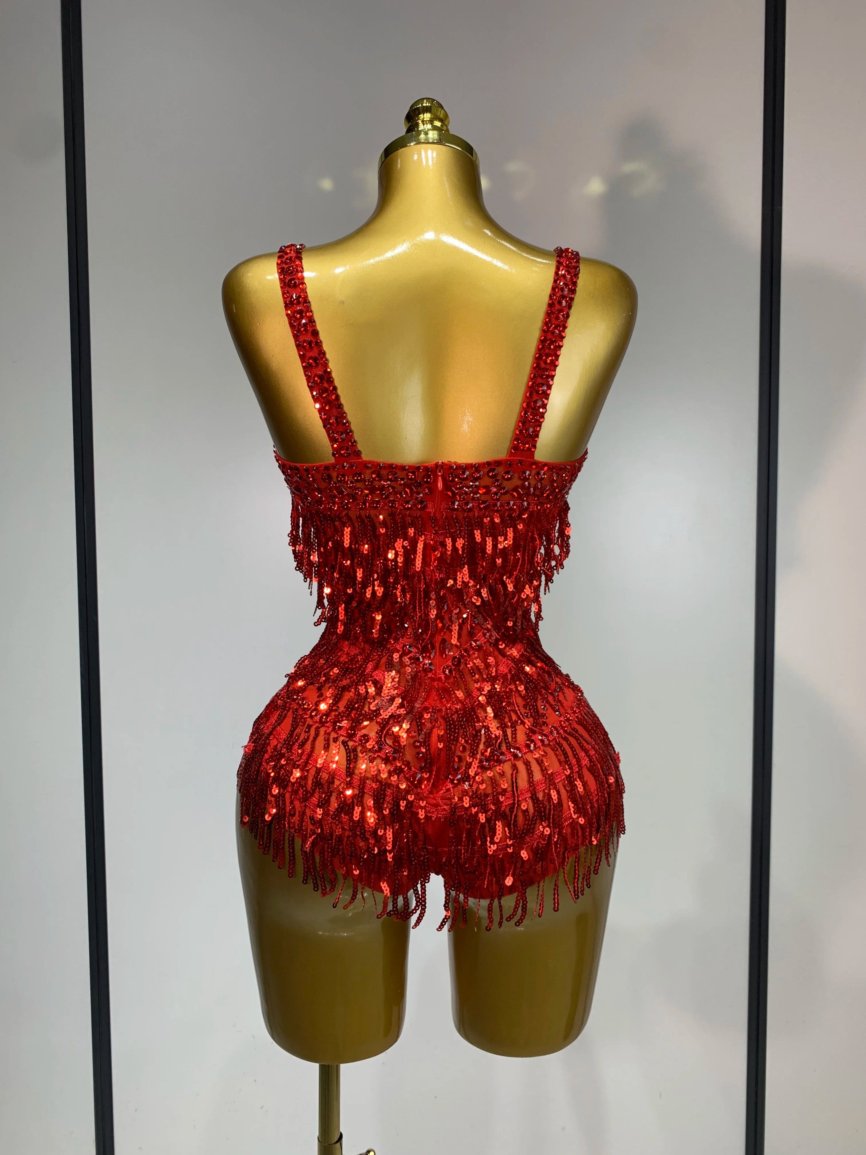 Sparkly Rhinestone Tassel Backless Mesh Bodysuit Luxury Stage Performance Costume