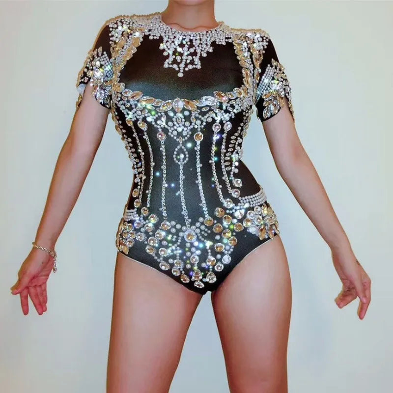 Pearl Rhinestone Bodysuit, Beaded Headpiece & Gloves 3-Piece Stage Costume Set