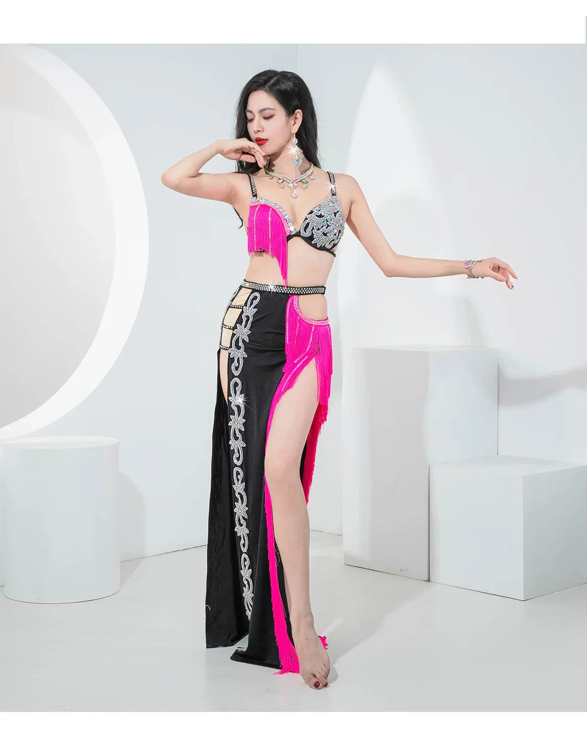 Sparkly Shaabi Belly Dance Competition Gown 4-Piece Beaded Bra, Skirt, Robe & Shorts Set
