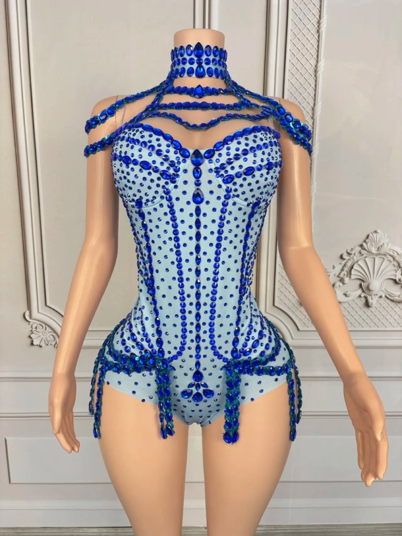Sparkly Rhinestone Tassel Spandex Bodysuit Halter Dance Stage Costume Leotard