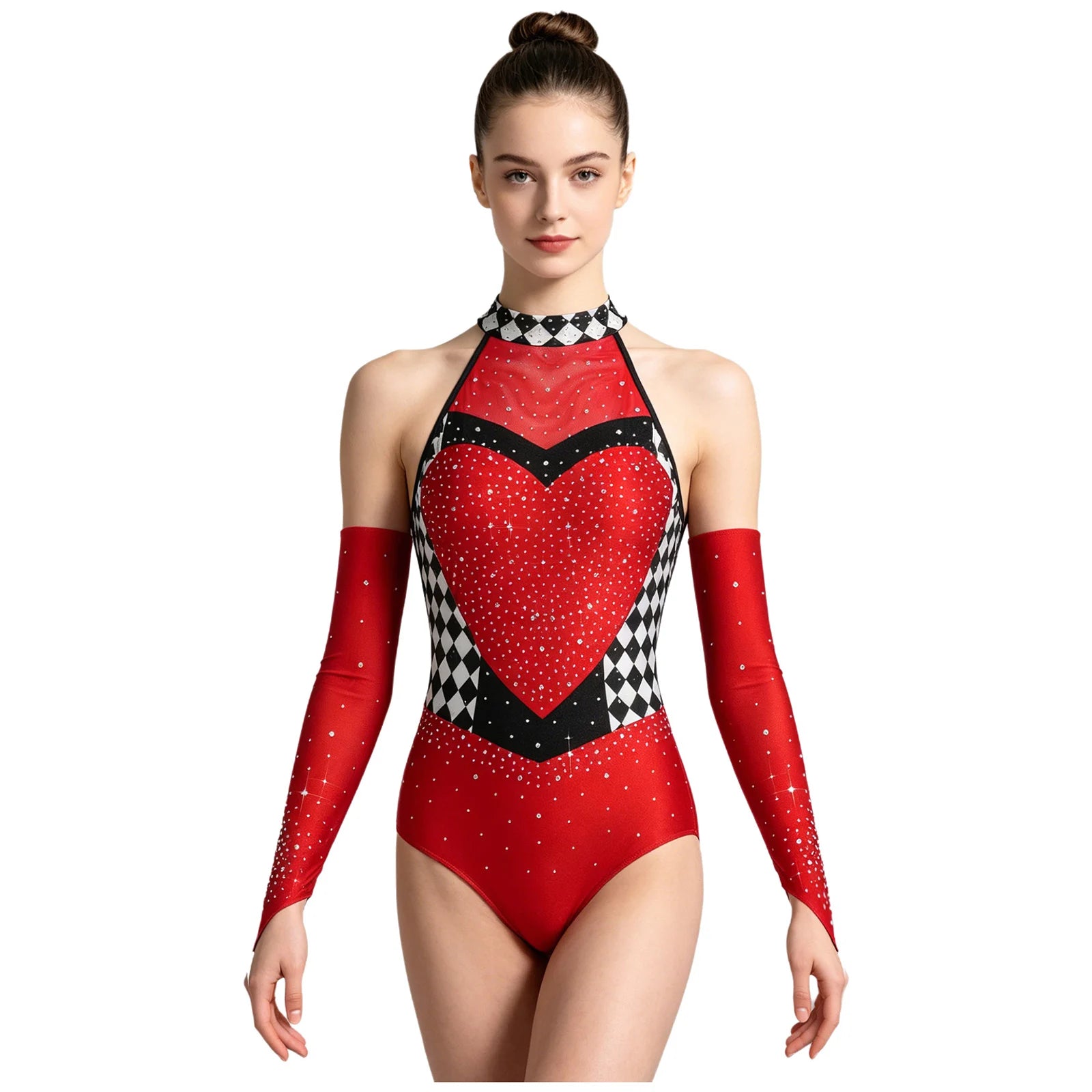 Queen of Hearts Rhinestone Halter Bodysuit & Sleeves Checkered Circus Stage Costume Set