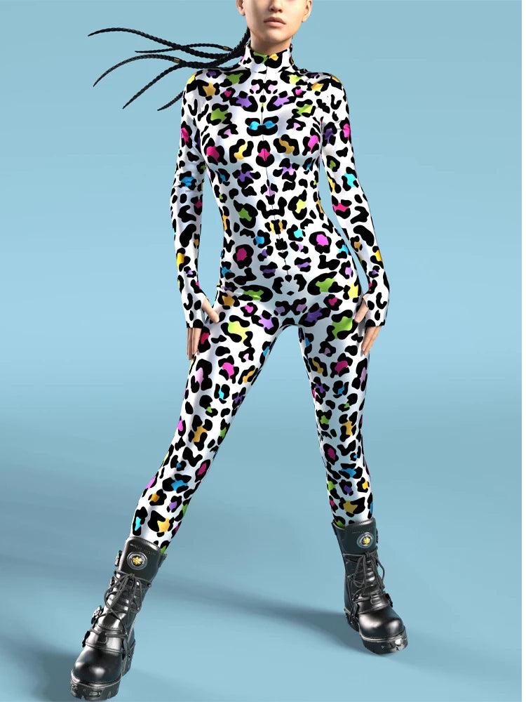 Rainbow Dalmatian Spot Print Zip Catsuit Colorful Spotted Cosplay Stage Jumpsuit
