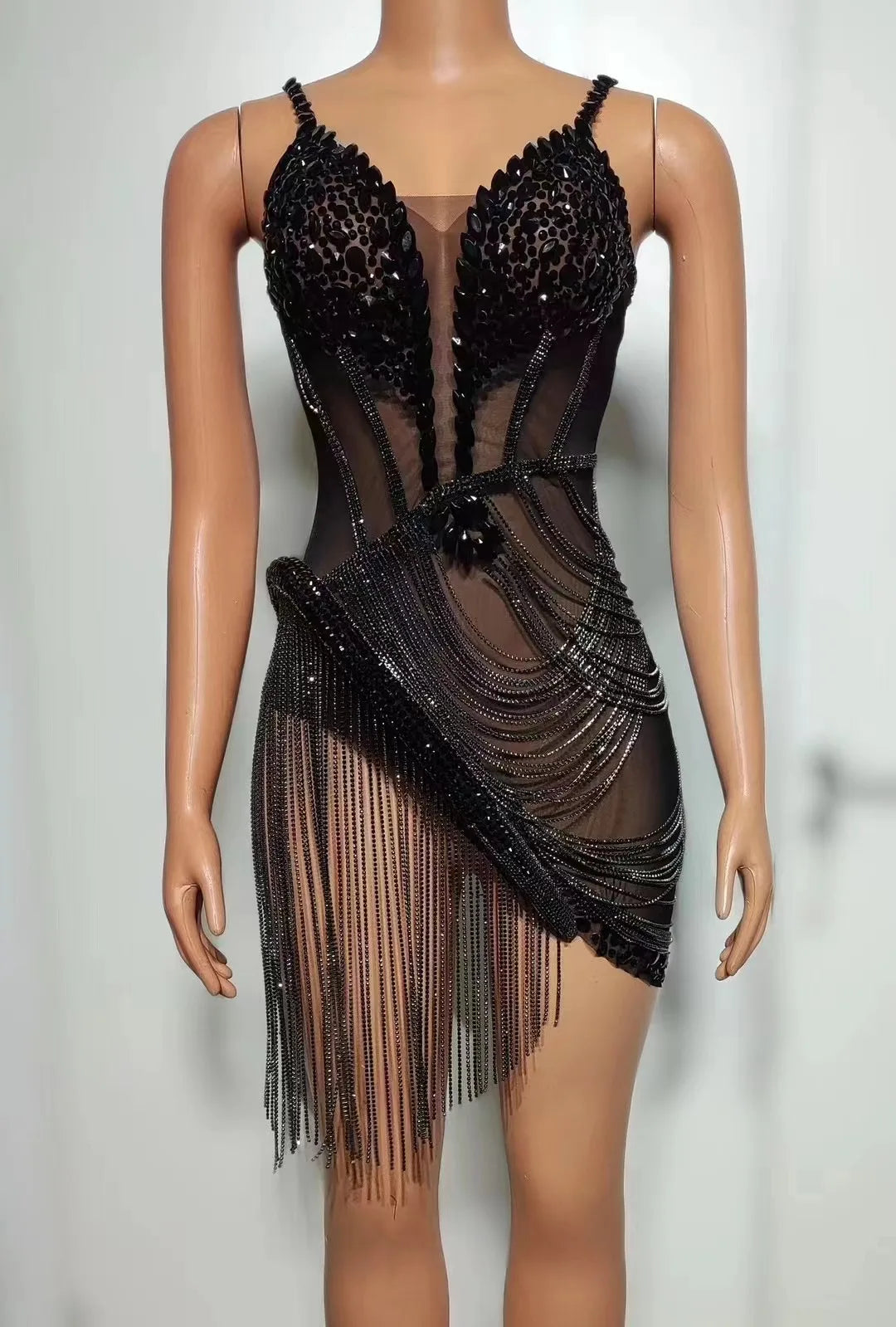 Sparkly Rhinestone & Fringe Sheer Mesh Mini Dress Stage Performance Costume