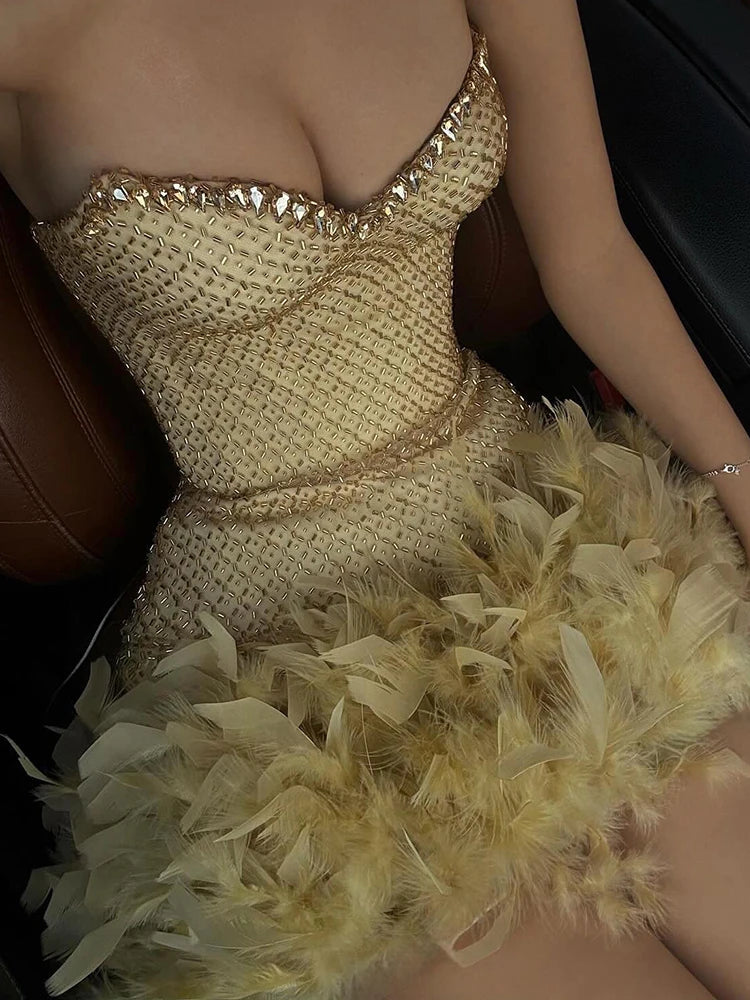 Gold Feather Trim Strapless Mini Dress
