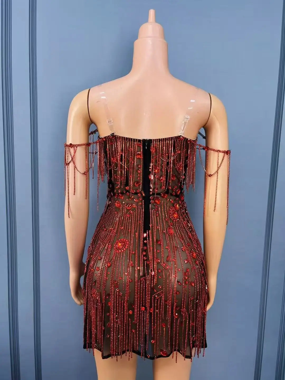 Red Crystal Chains Rhinestones Transparent Dress Women Party Show Gown Singer Performance Stage Wear