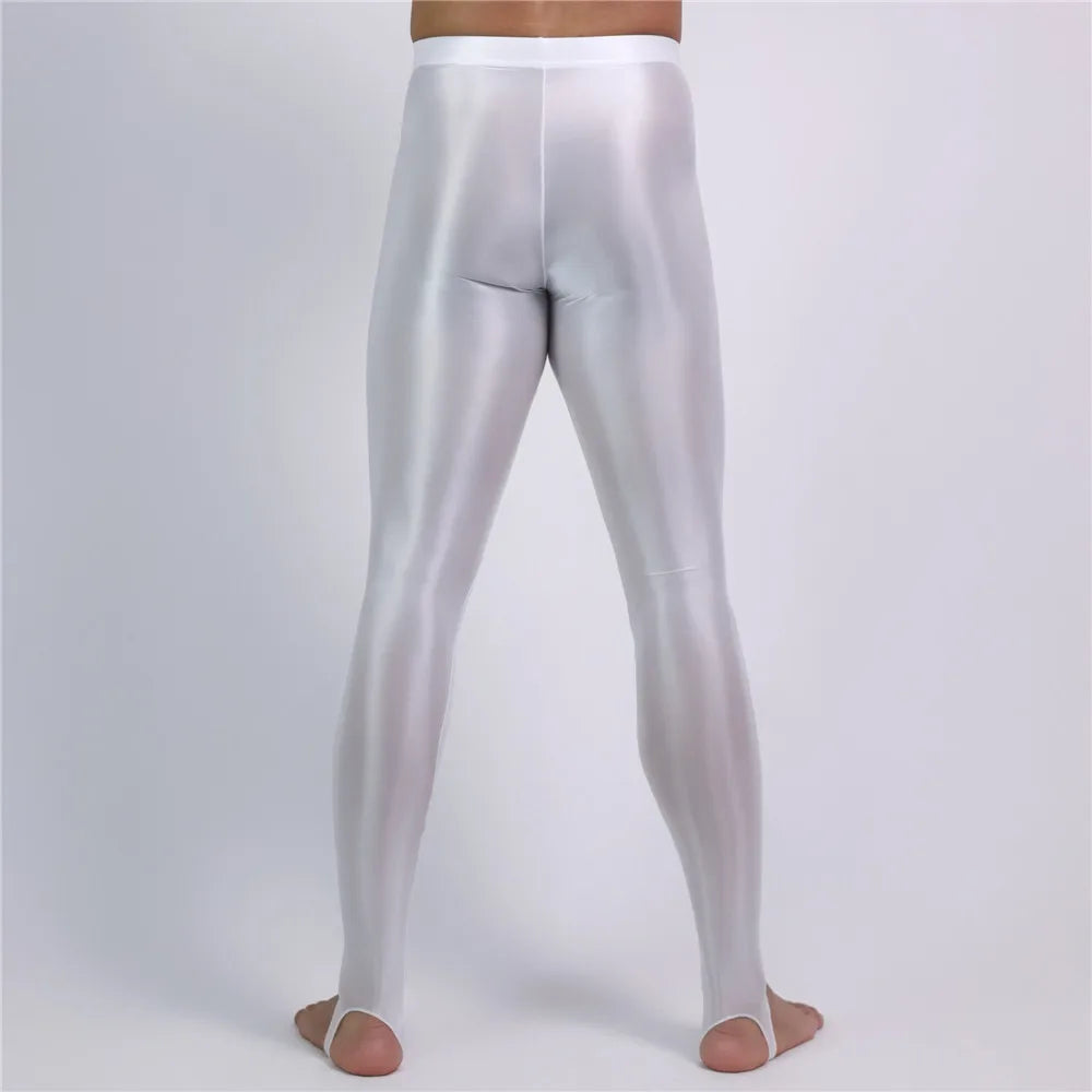 Men's Slim Tights Pencil Pants Stain Smooth  Oil Glossy Shiny Elastic Yoga Leggings Sheer See Through Full Pants Plus Size