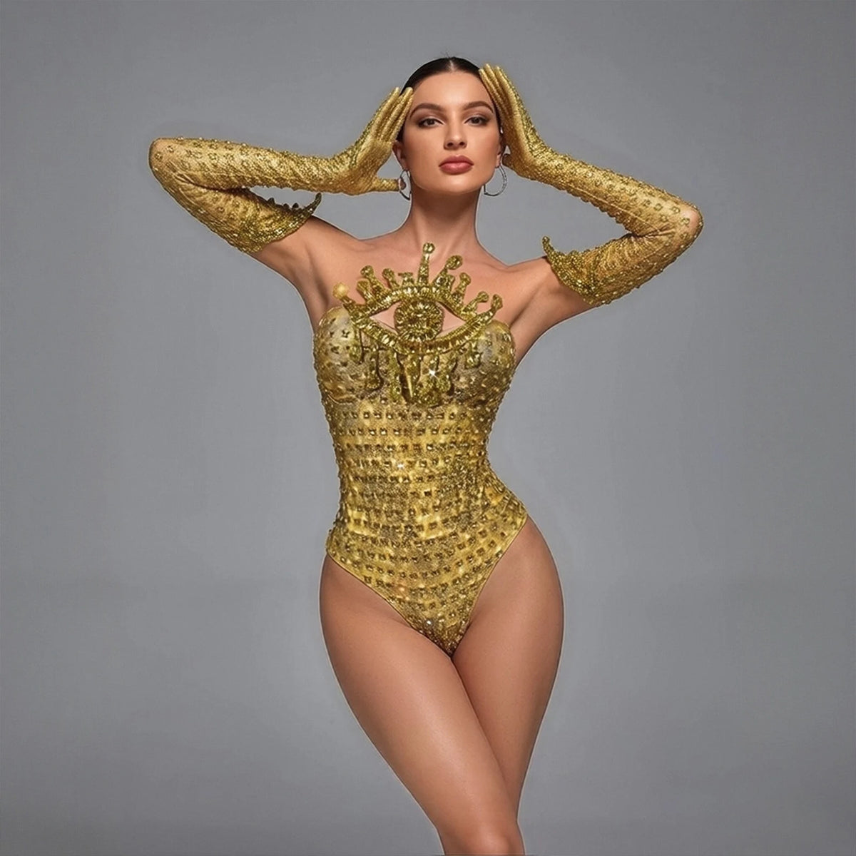 Sparkly Gold Rhinestone Bodysuit Sunburst Collar Spiked Glove Sleeves Costume