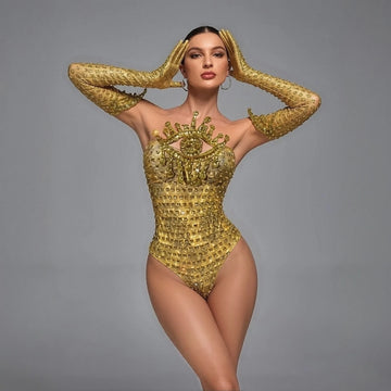Sparkly Gold Rhinestone Bodysuit Sunburst Collar Spiked Glove Sleeves Costume
